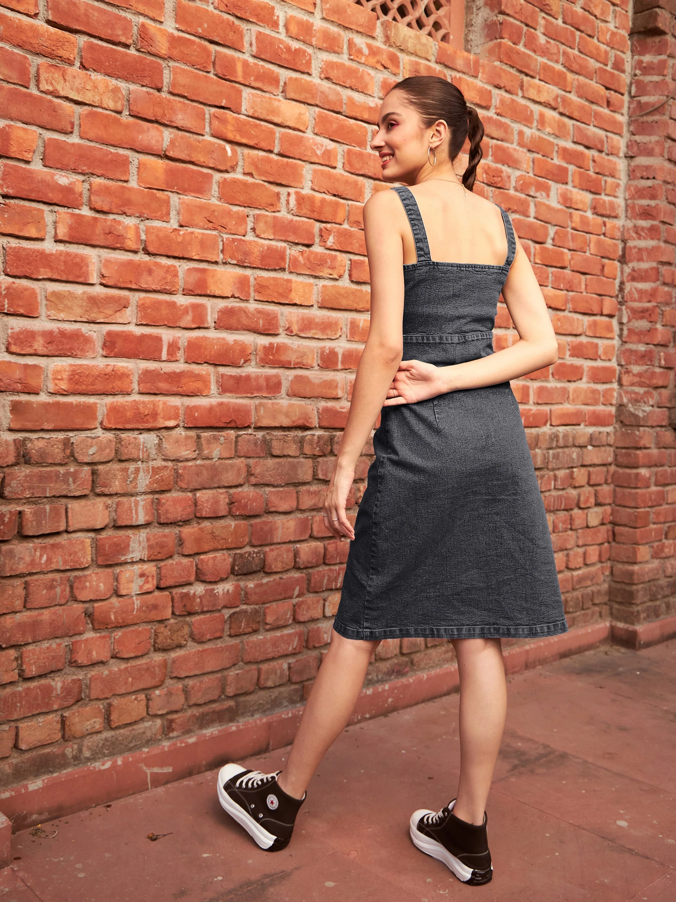 Women Black Denim Wash Strappy Dress - Image 2