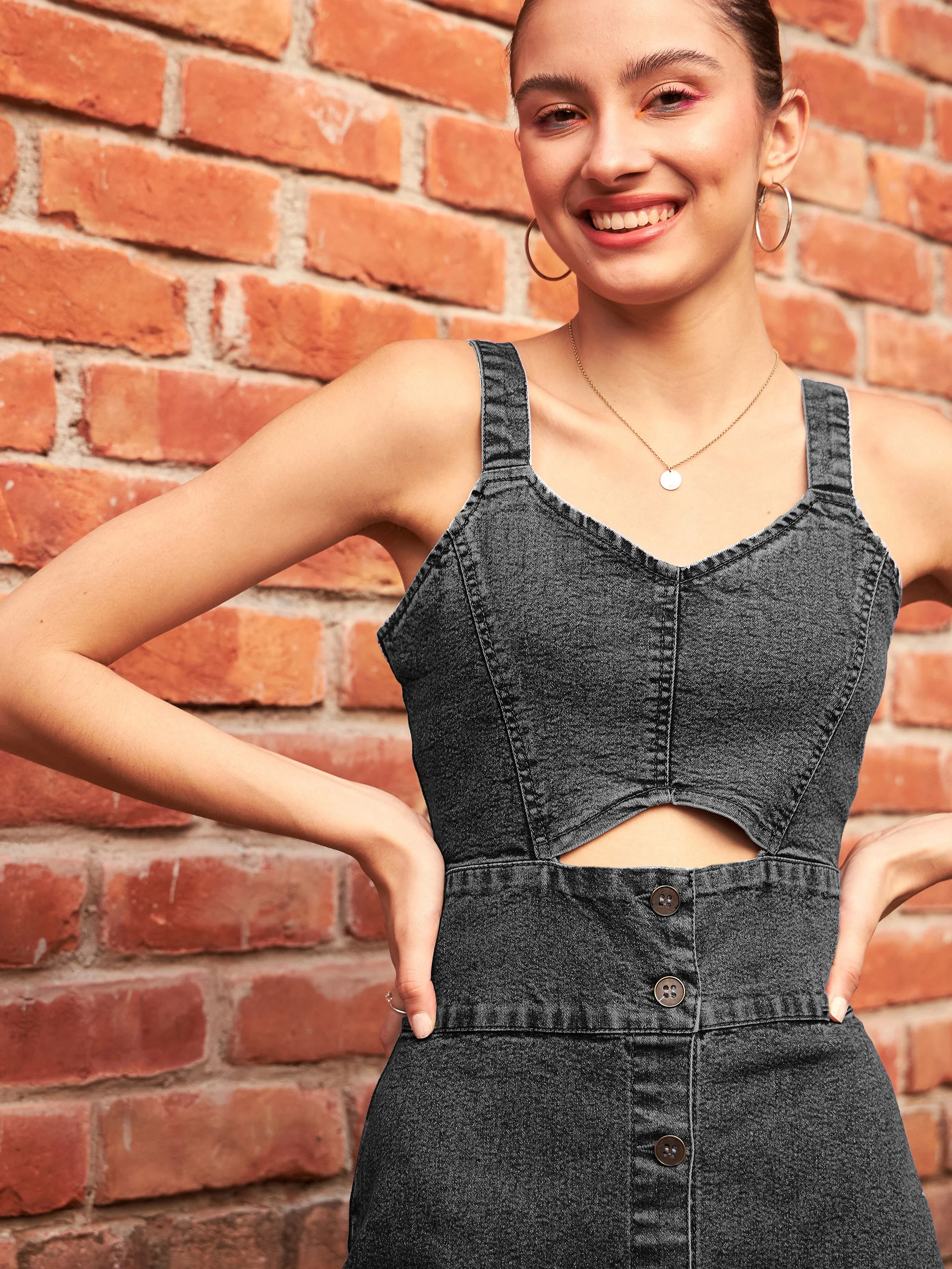 Women Black Denim Wash Strappy Dress - Image 3