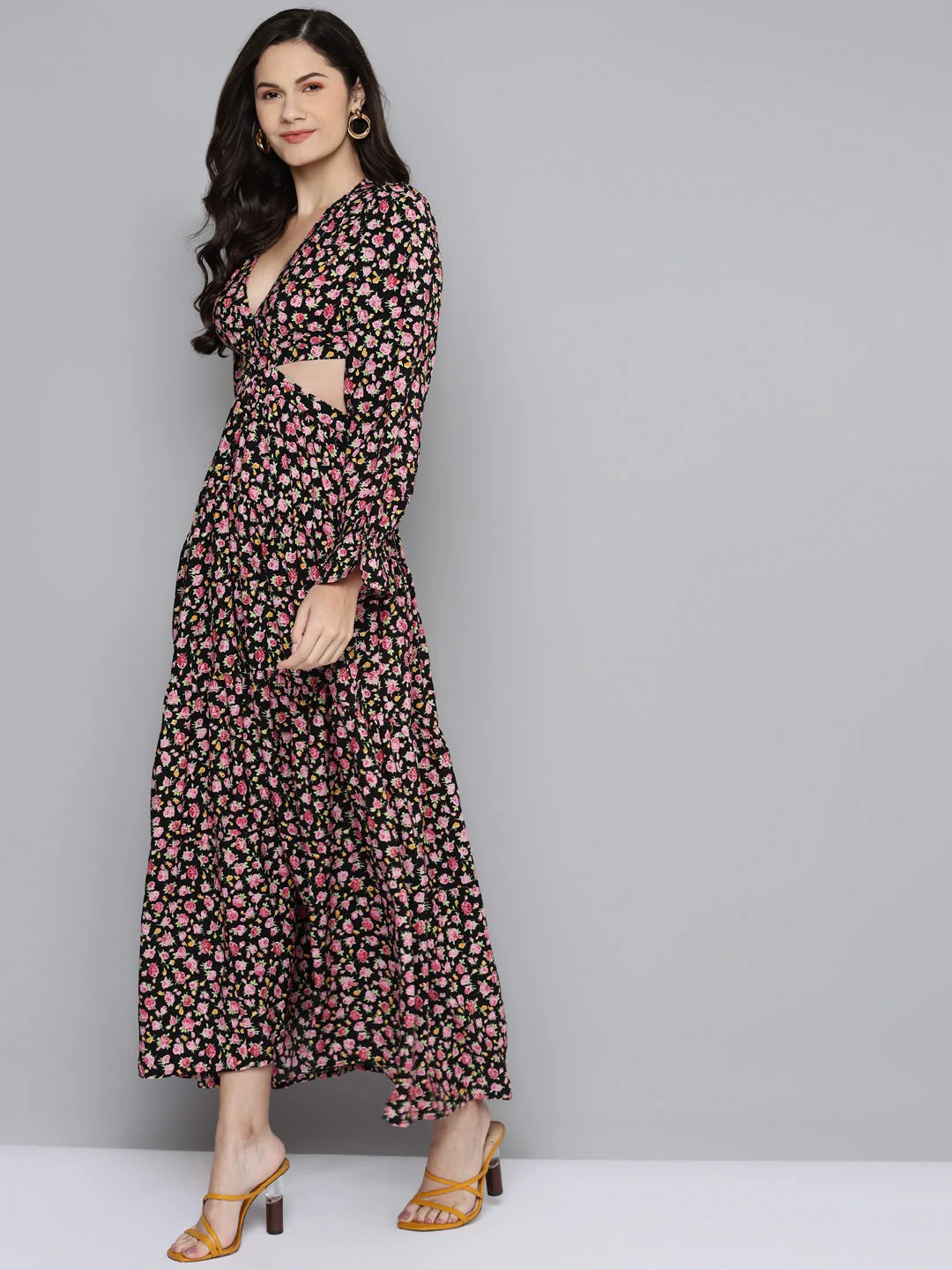 Women Black Ditsy Floral Waist Cut-Out Maxi Dress - Image 2