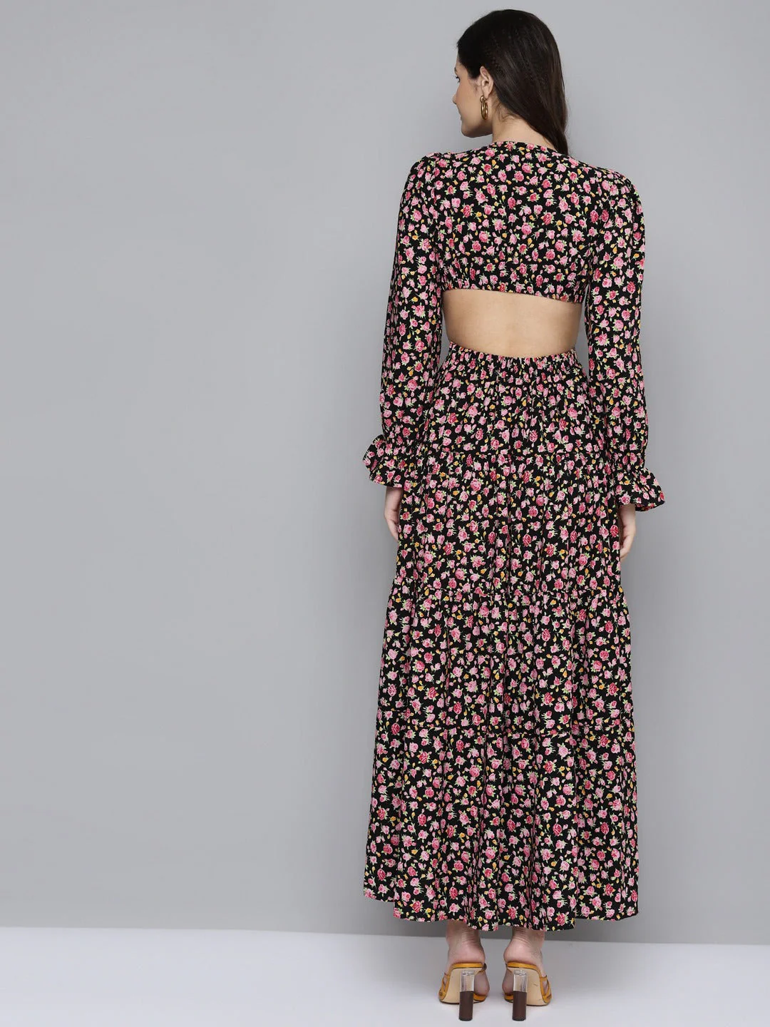Women Black Ditsy Floral Waist Cut-Out Maxi Dress - Image 3