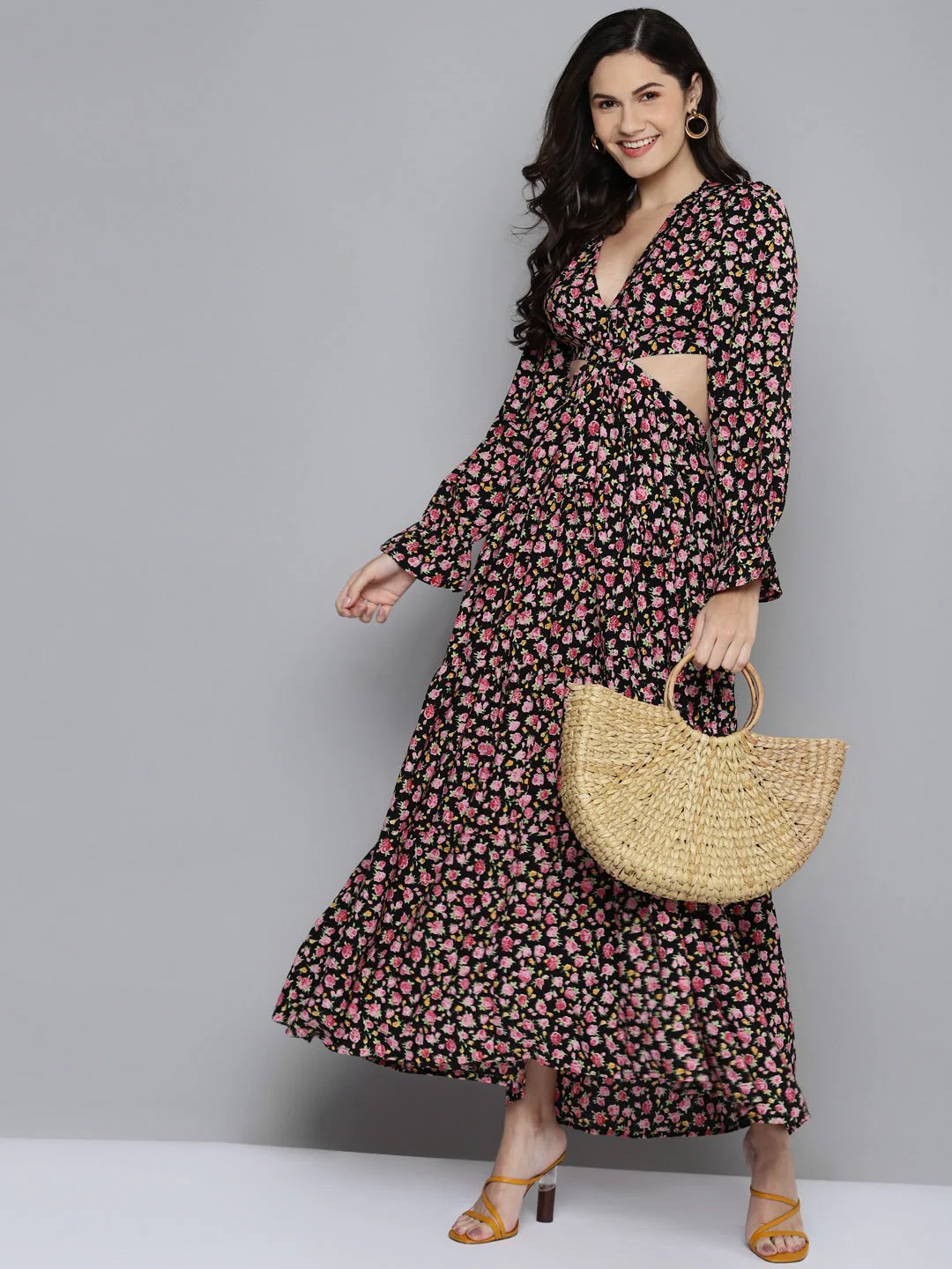 Women Black Ditsy Floral Waist Cut-Out Maxi Dress - Image 4