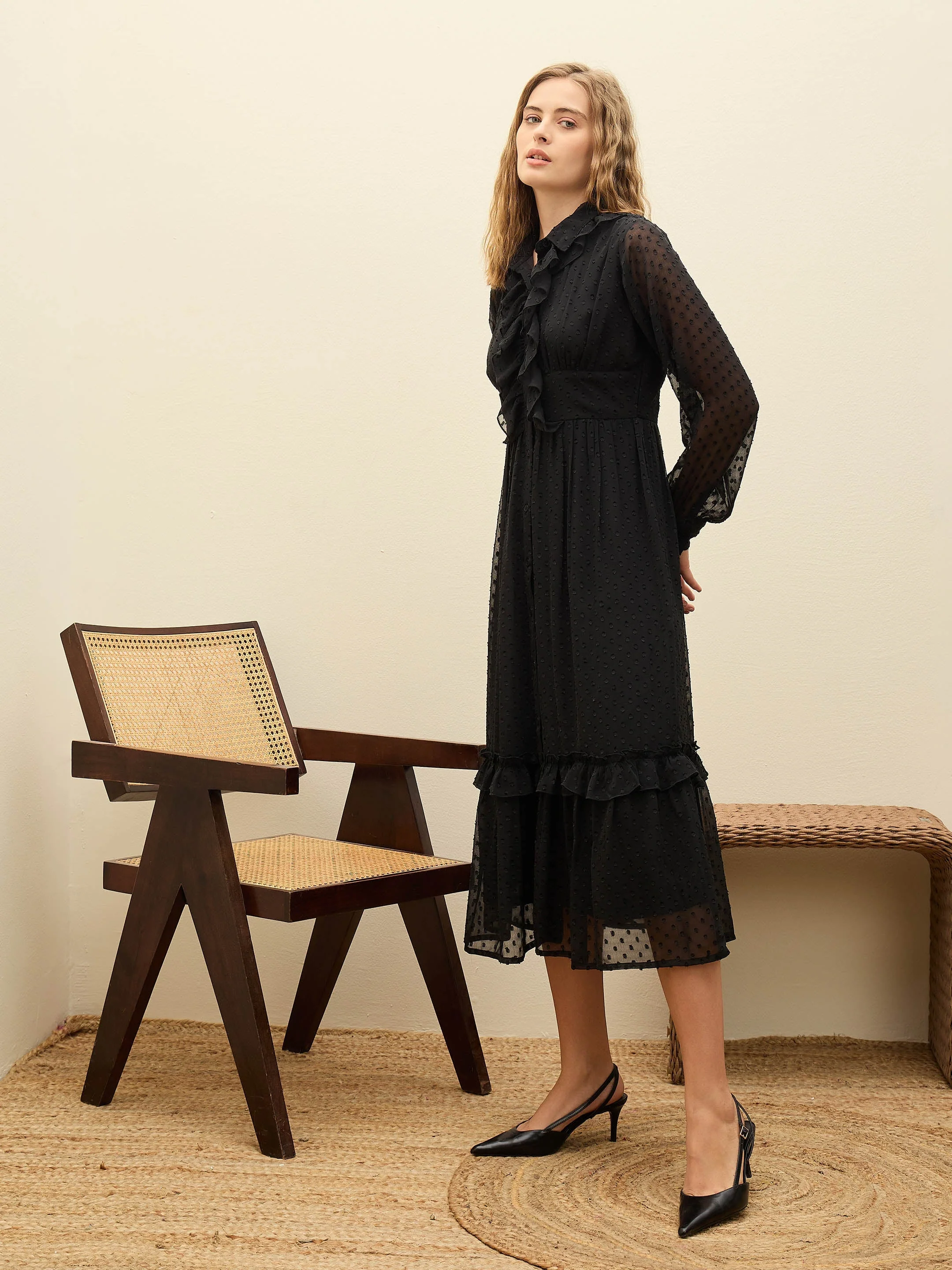 Women Black Dobby Puff Sleeve Midi Dress - Image 3