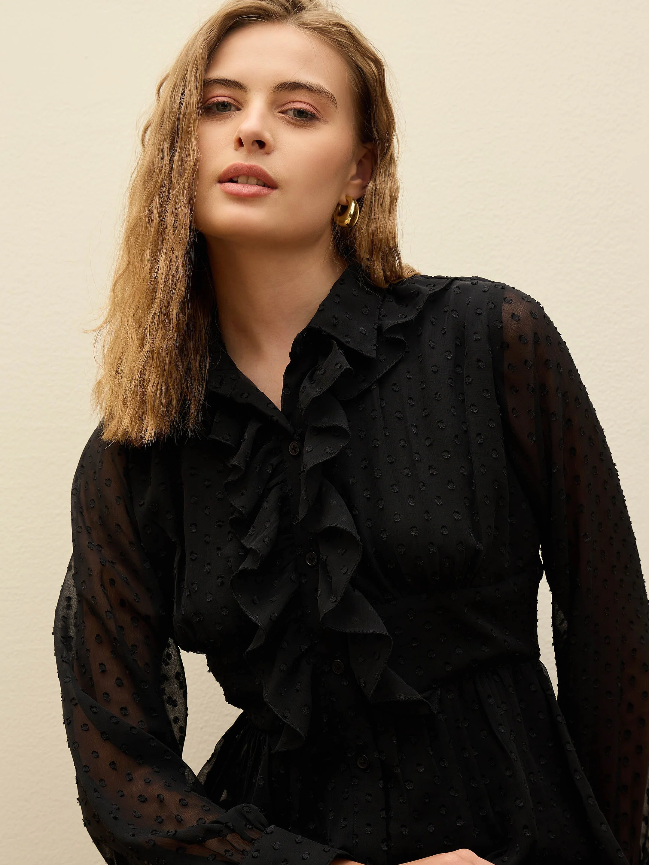 Women Black Dobby Puff Sleeve Midi Dress - Image 4