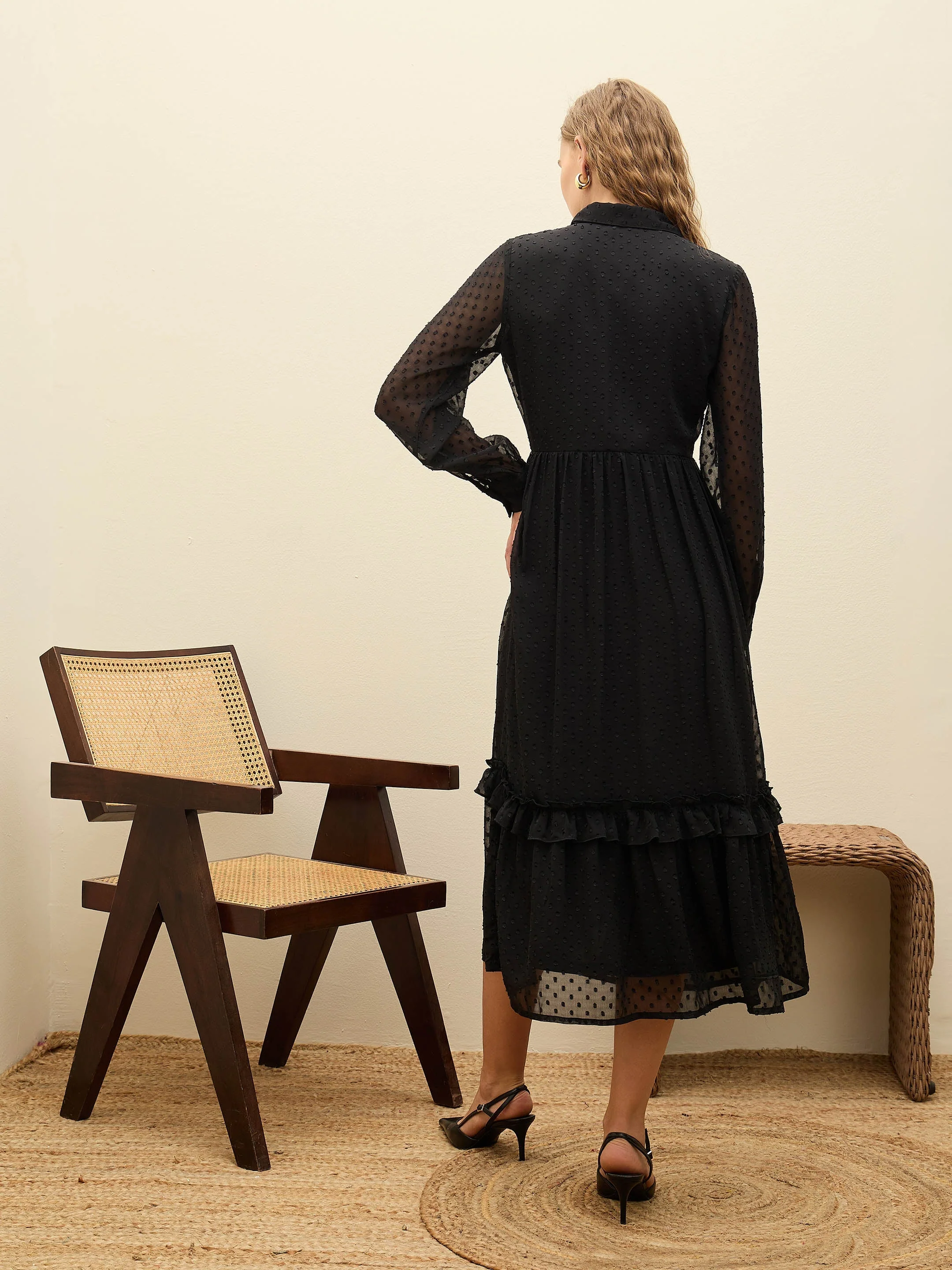Women Black Dobby Puff Sleeve Midi Dress - Image 5