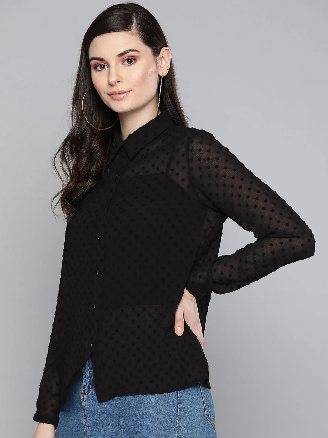 Women Black Dobby Sheer Boxy Shirt - Image 2