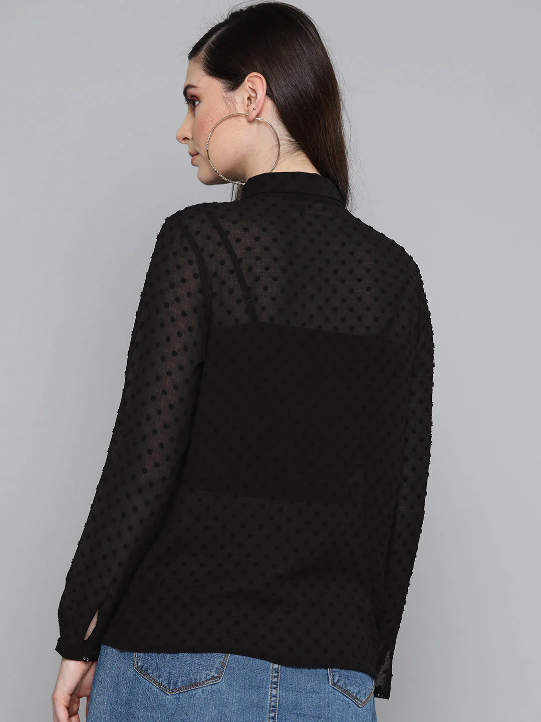 Women Black Dobby Sheer Boxy Shirt - Image 3
