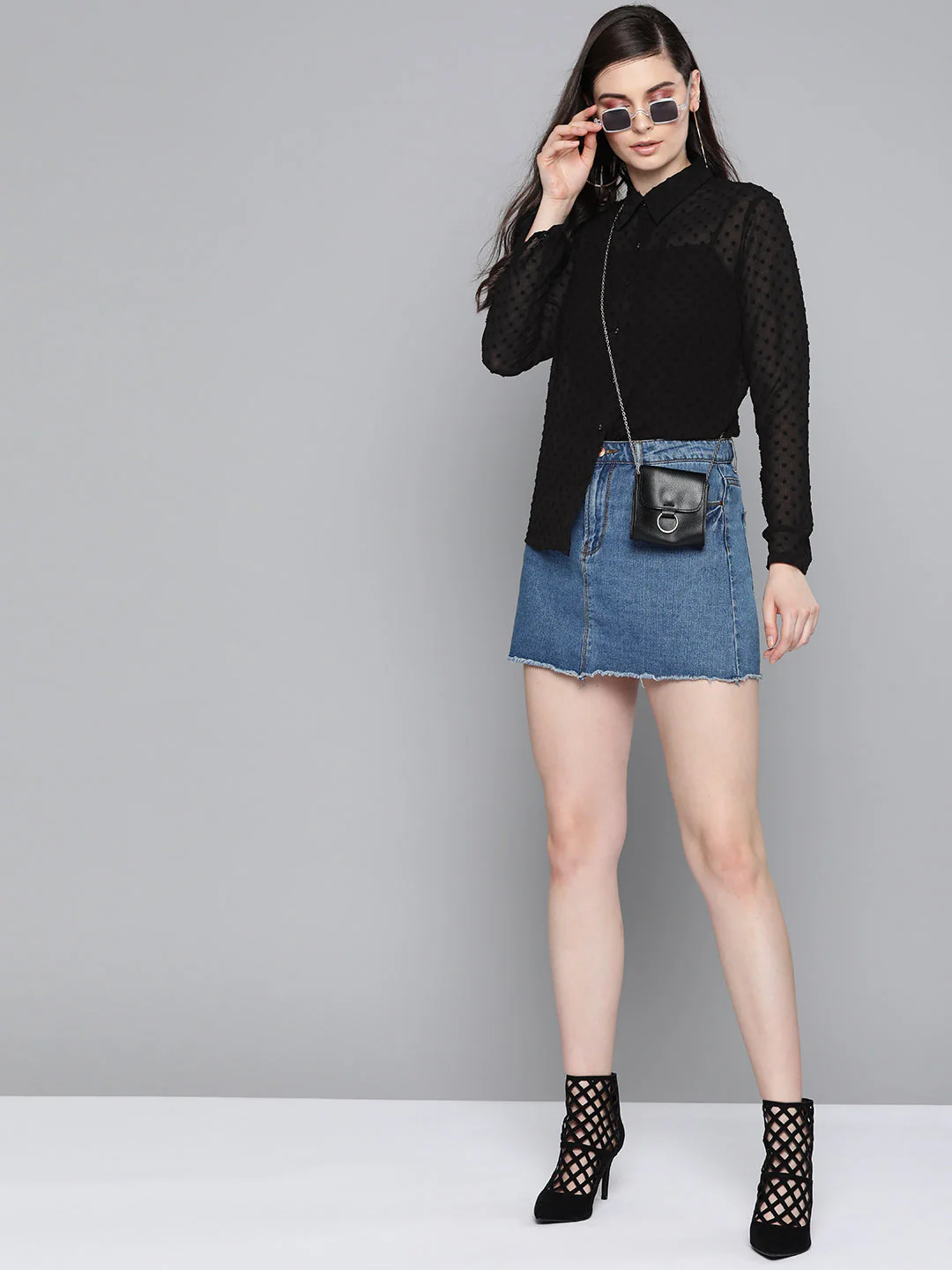 Women Black Dobby Sheer Boxy Shirt - Image 4