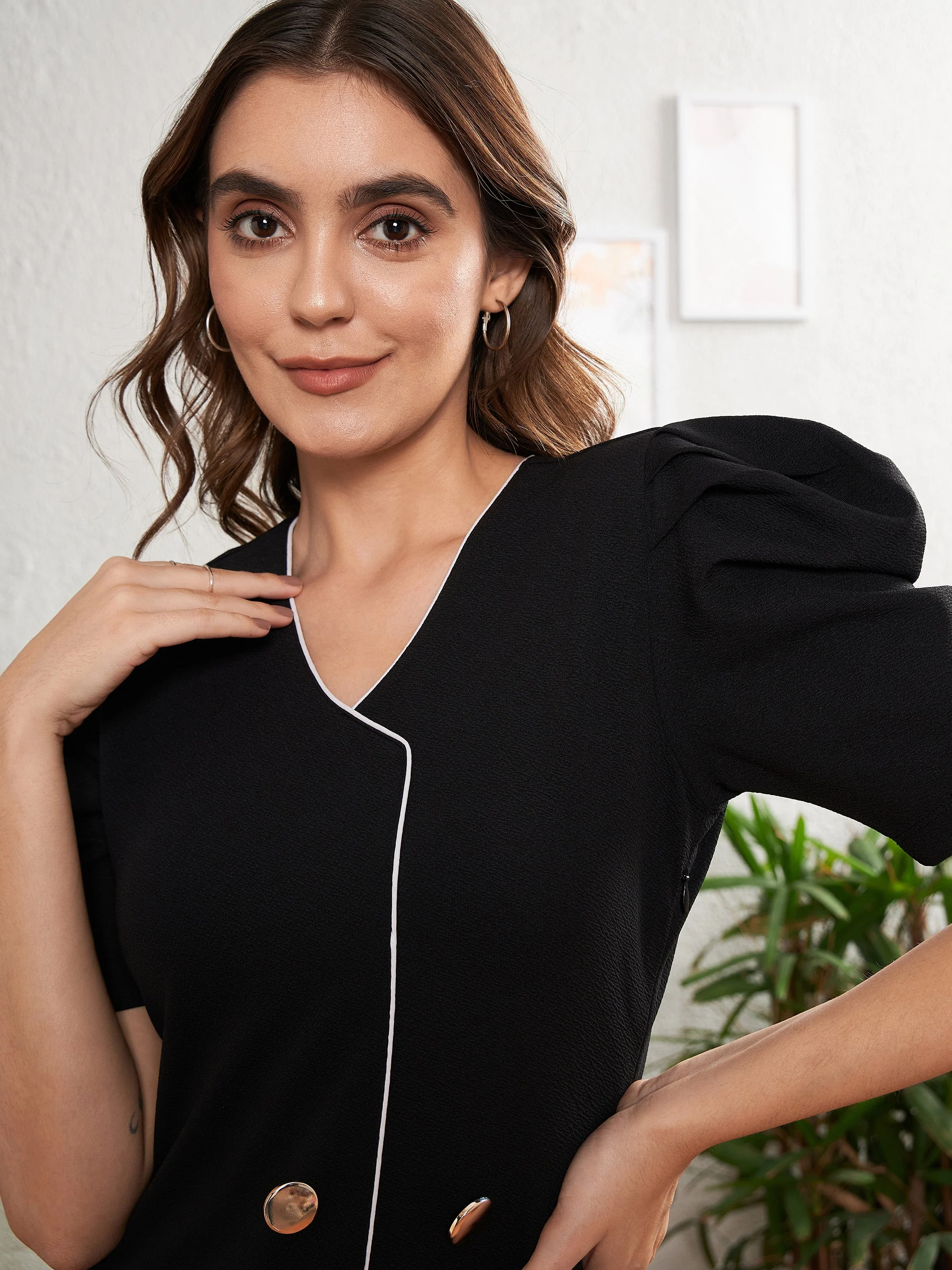 Women Black Double Button Placket Bodycon Dress - Image 3