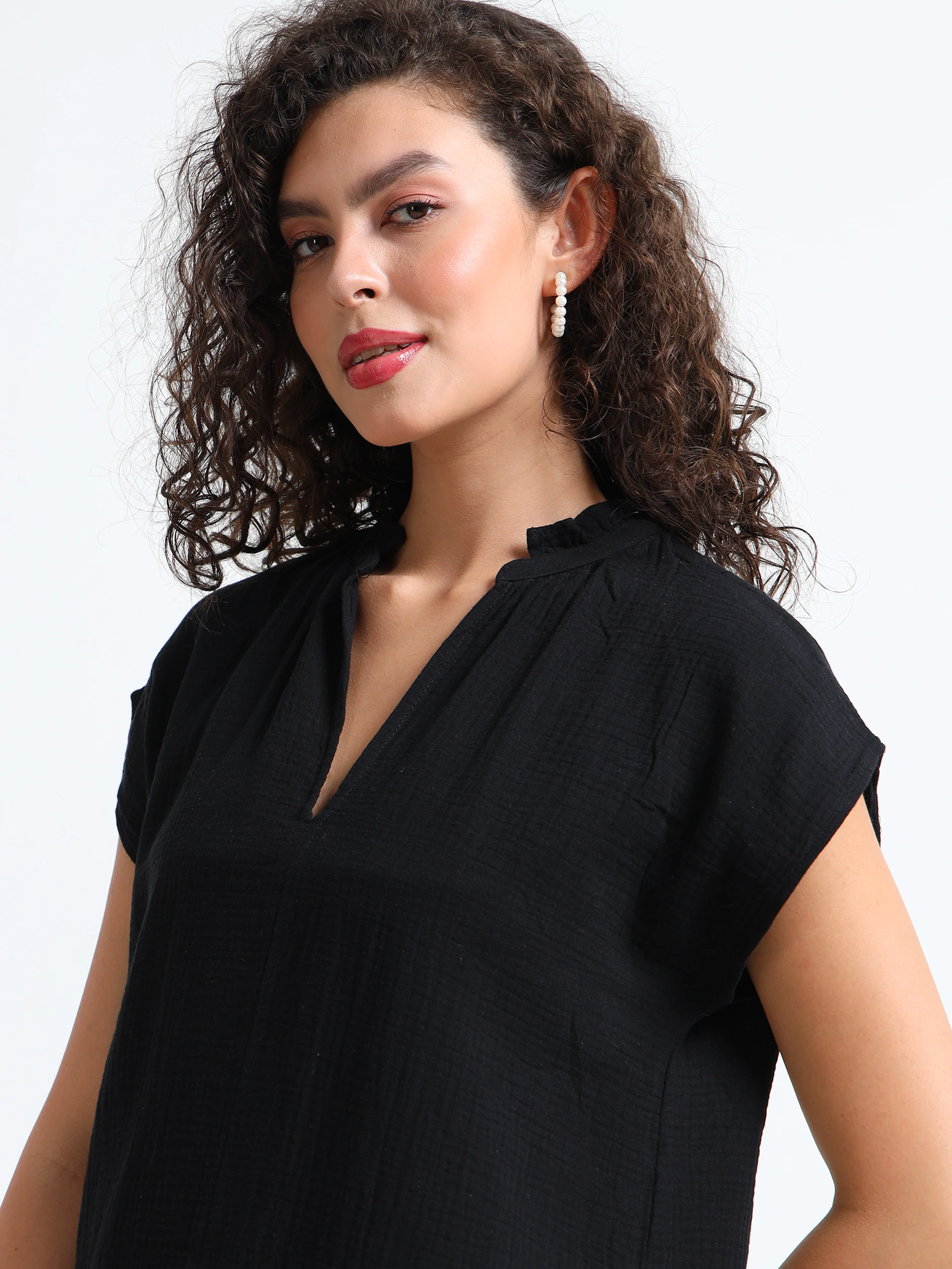 Women Black Double Gauze Relaxed Dress - Image 2