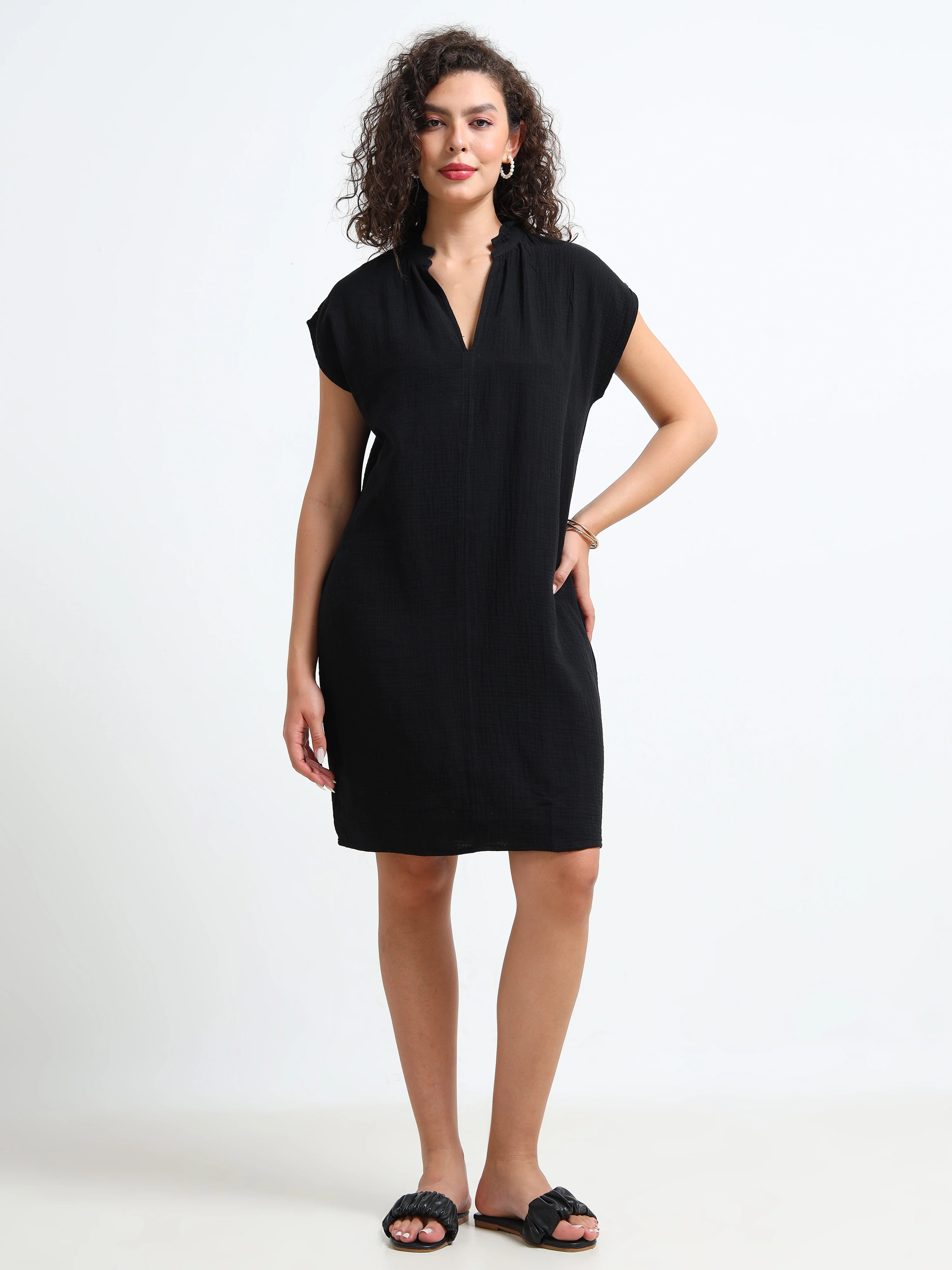 Women Black Double Gauze Relaxed Dress - Image 4