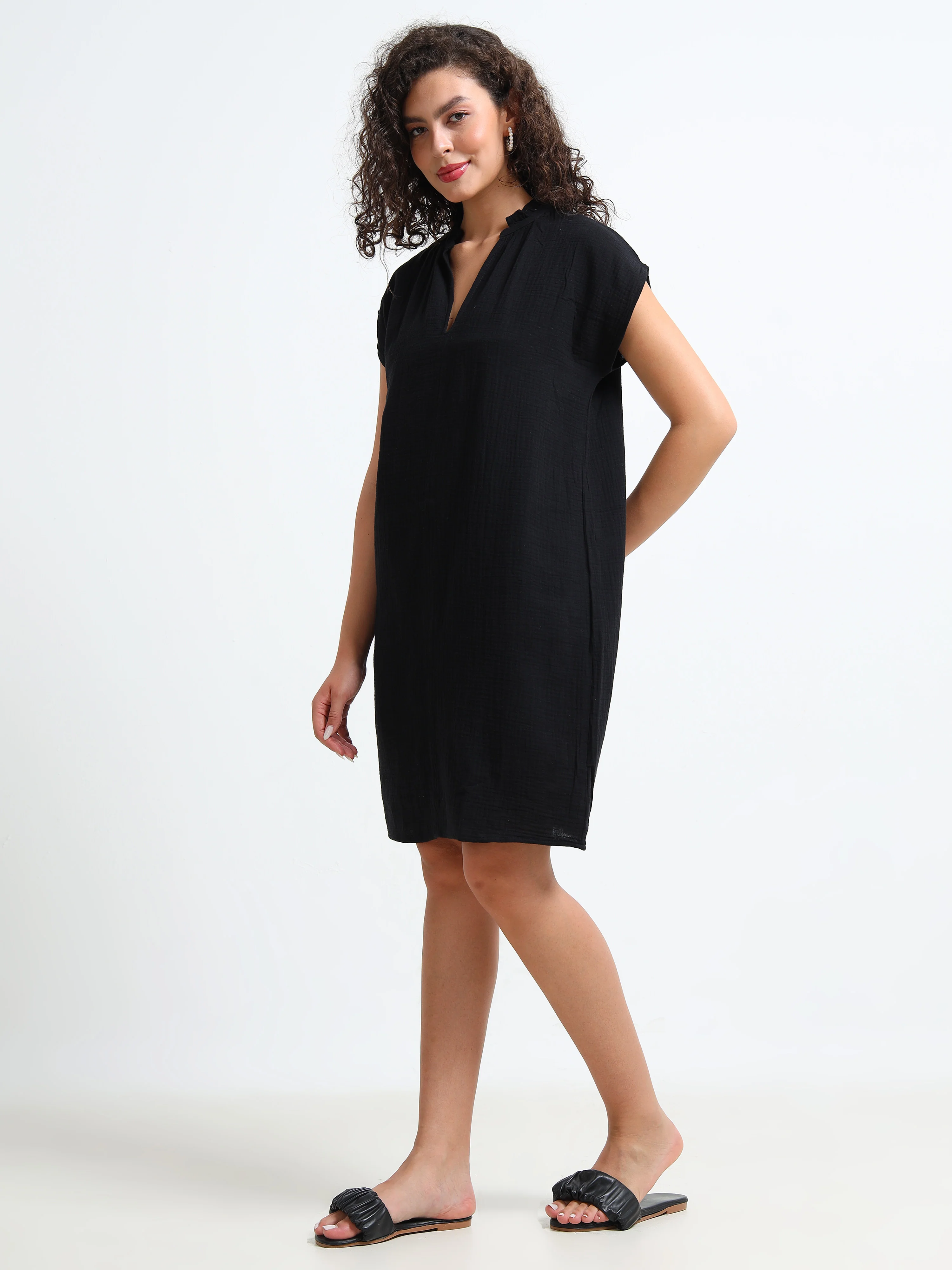 Women Black Double Gauze Relaxed Dress - Image 6