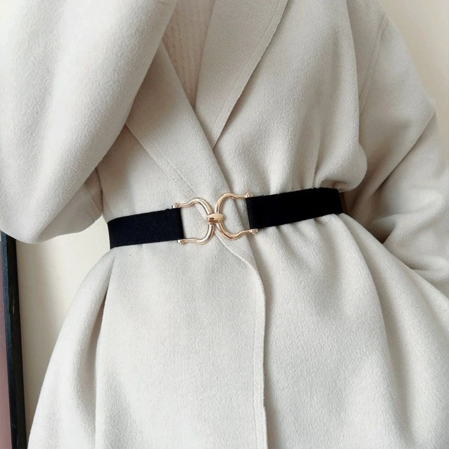Women Black Elastic Belt With Gold Hook Buckle - Image 2