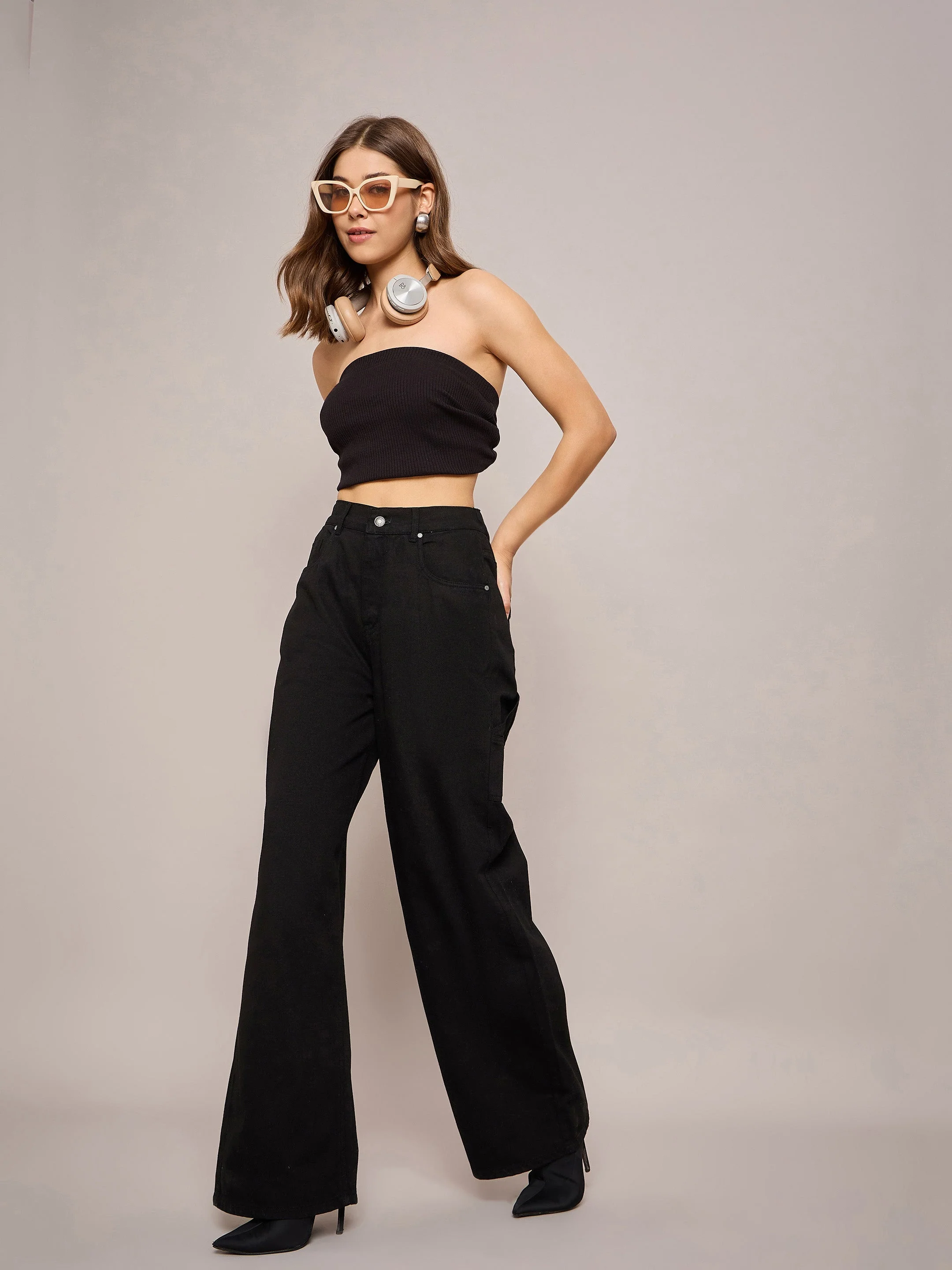 Women Black Elasticated High Waist Back Pocket Jeans - Image 2