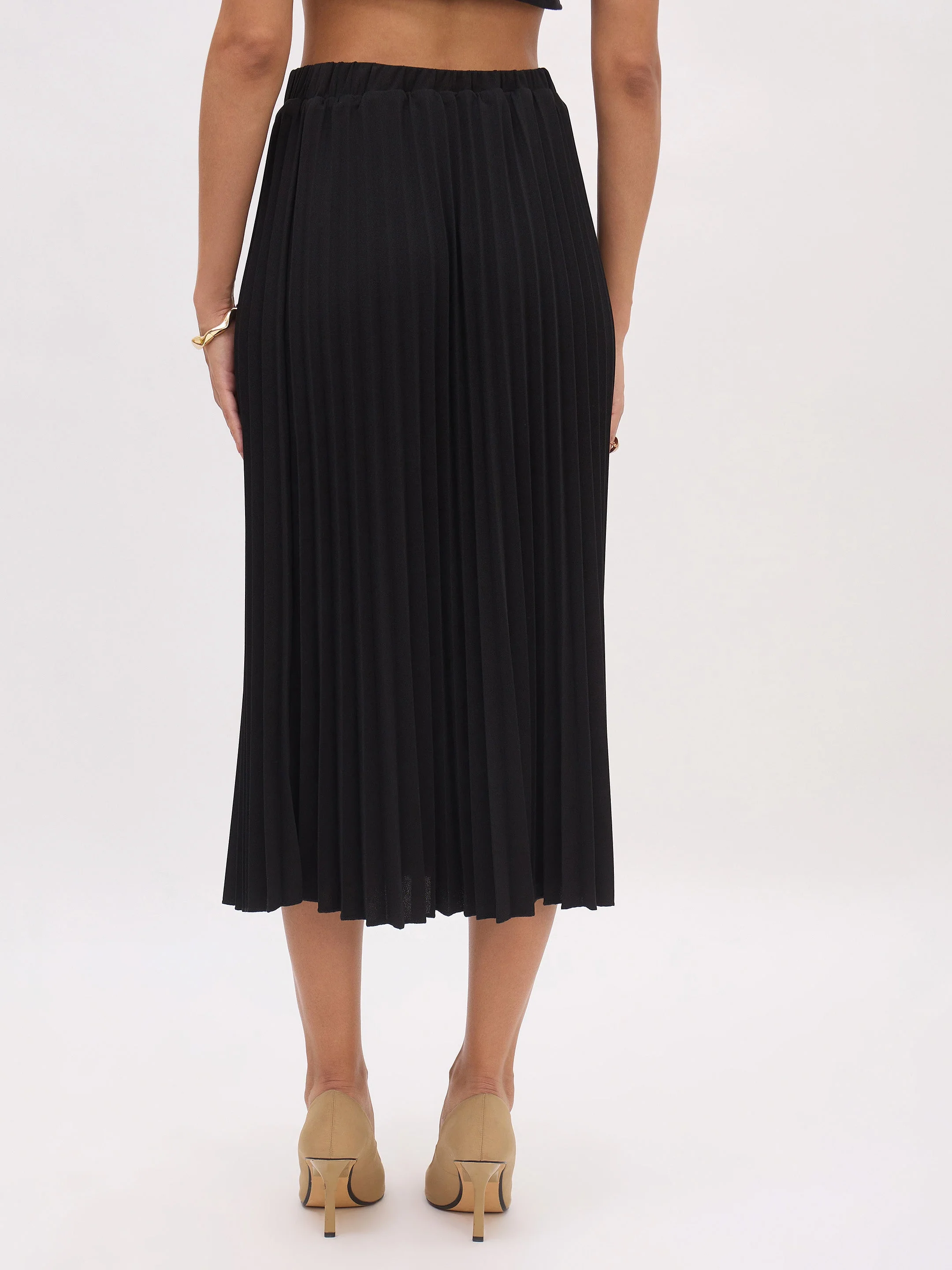 Women Black Elasticated Waist Pleated Midi Skirt - Image 2