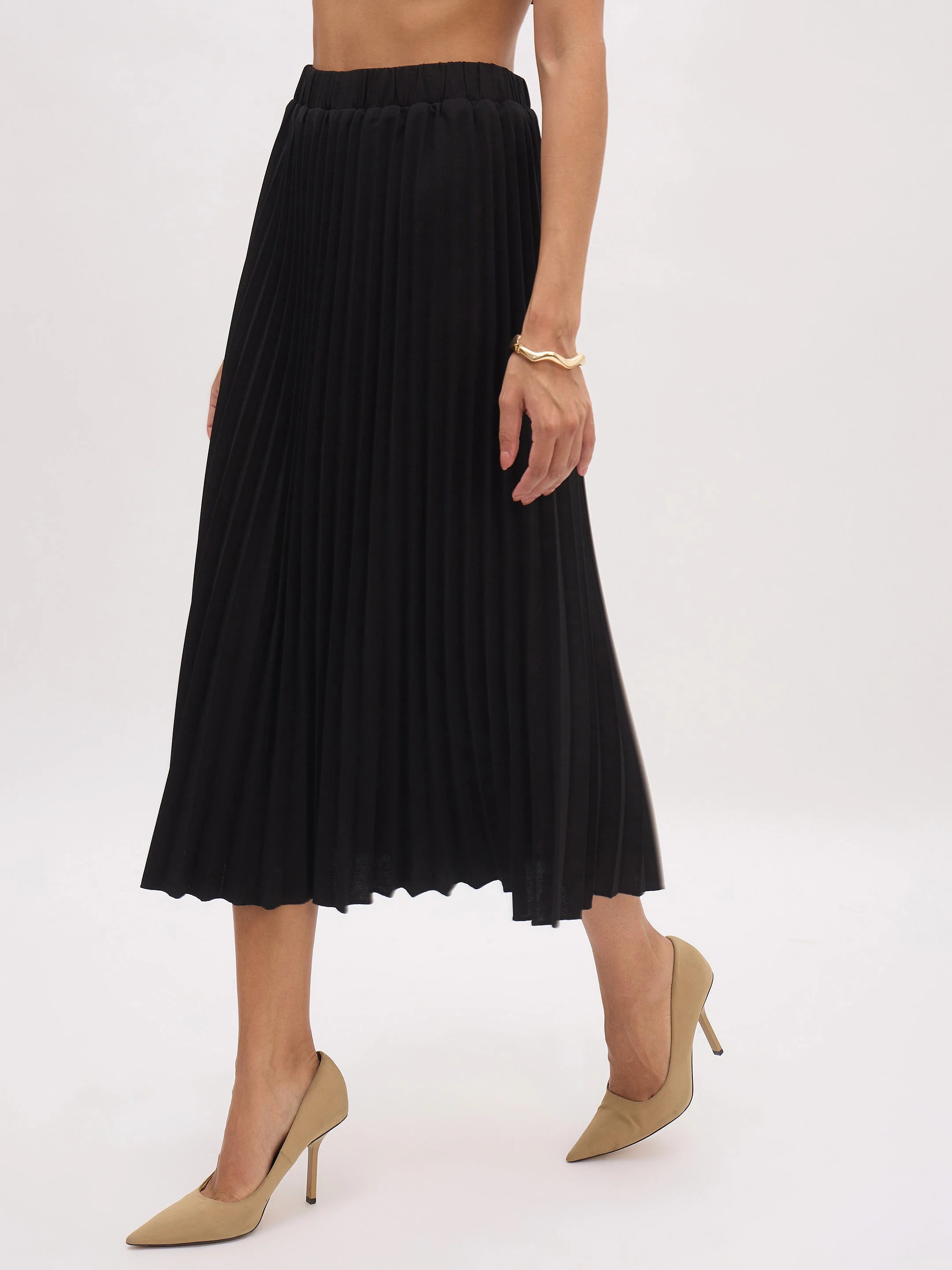 Women Black Elasticated Waist Pleated Midi Skirt - Image 4