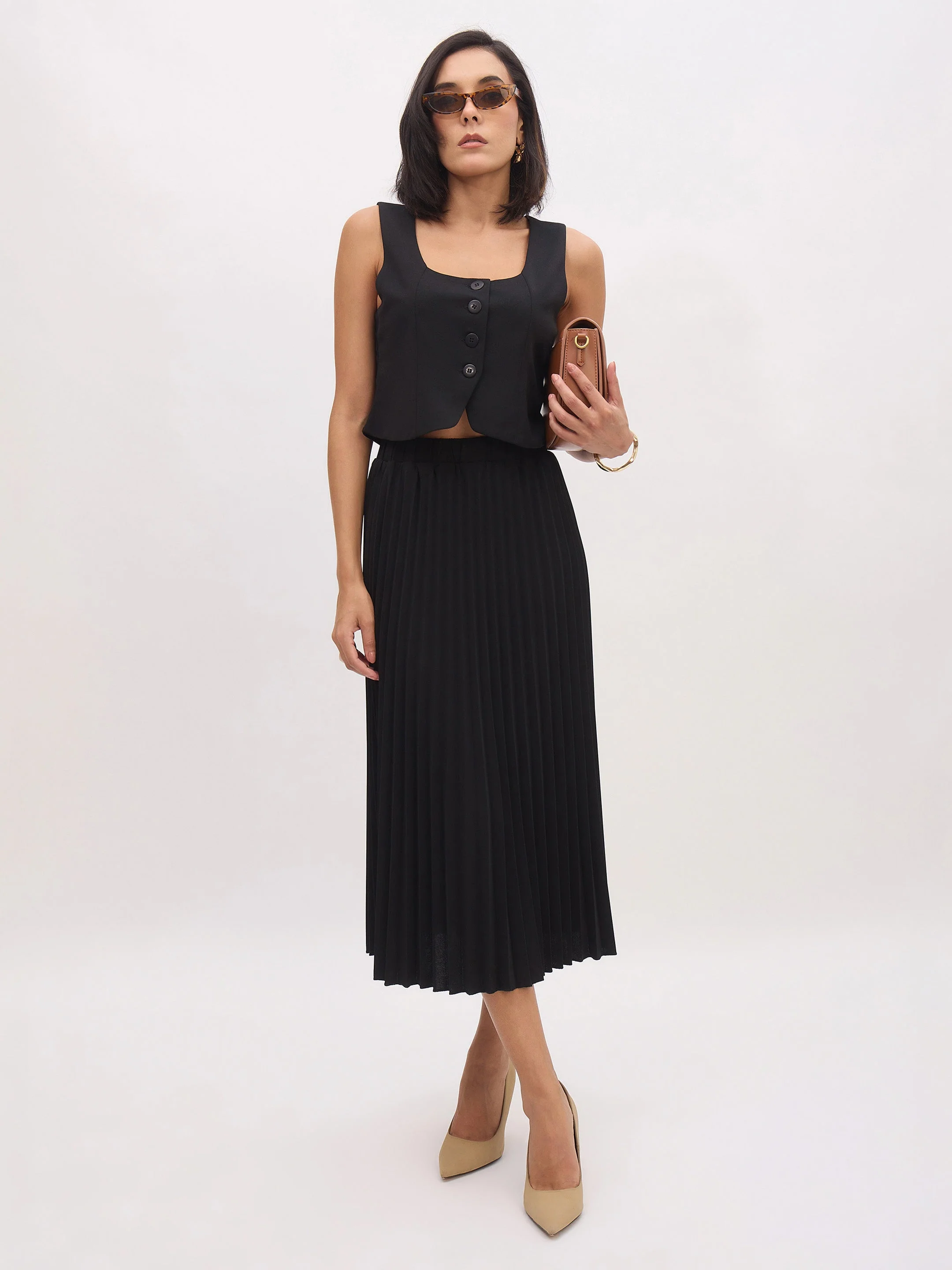 Women Black Elasticated Waist Pleated Midi Skirt - Image 5