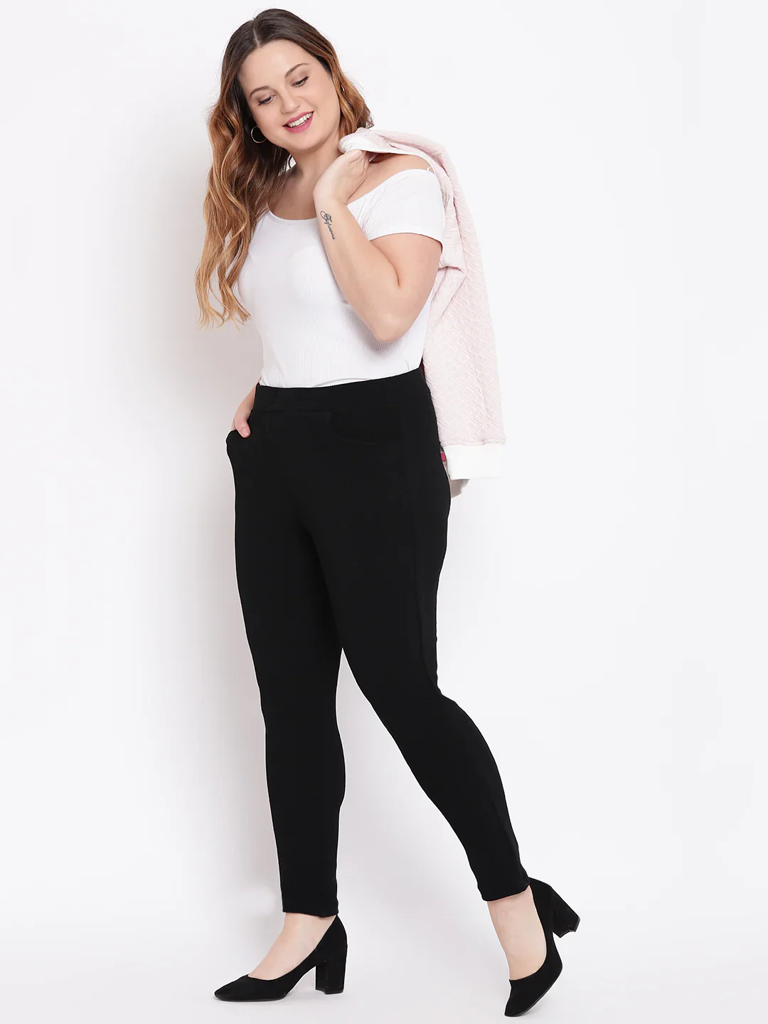 Women Black Embossed Stretch Pants - Image 2