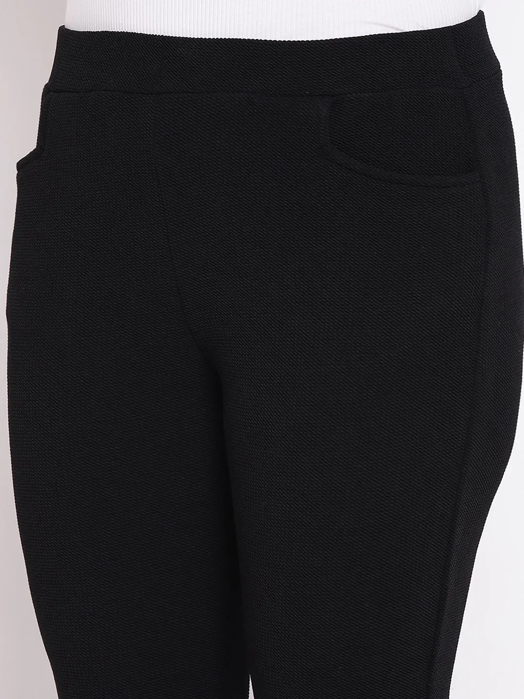 Women Black Embossed Stretch Pants - Image 5