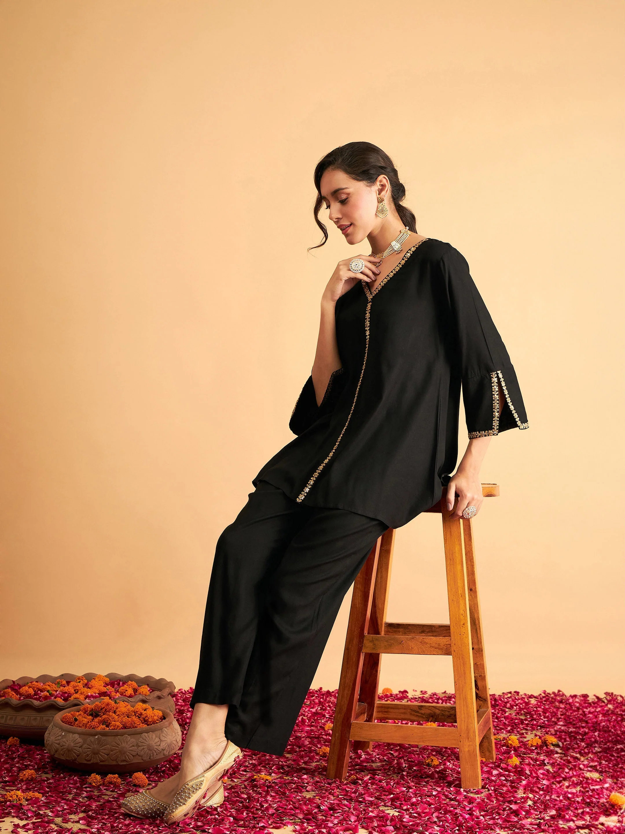 Women Black Embroidered A Line Top With Straight Pants - Image 2