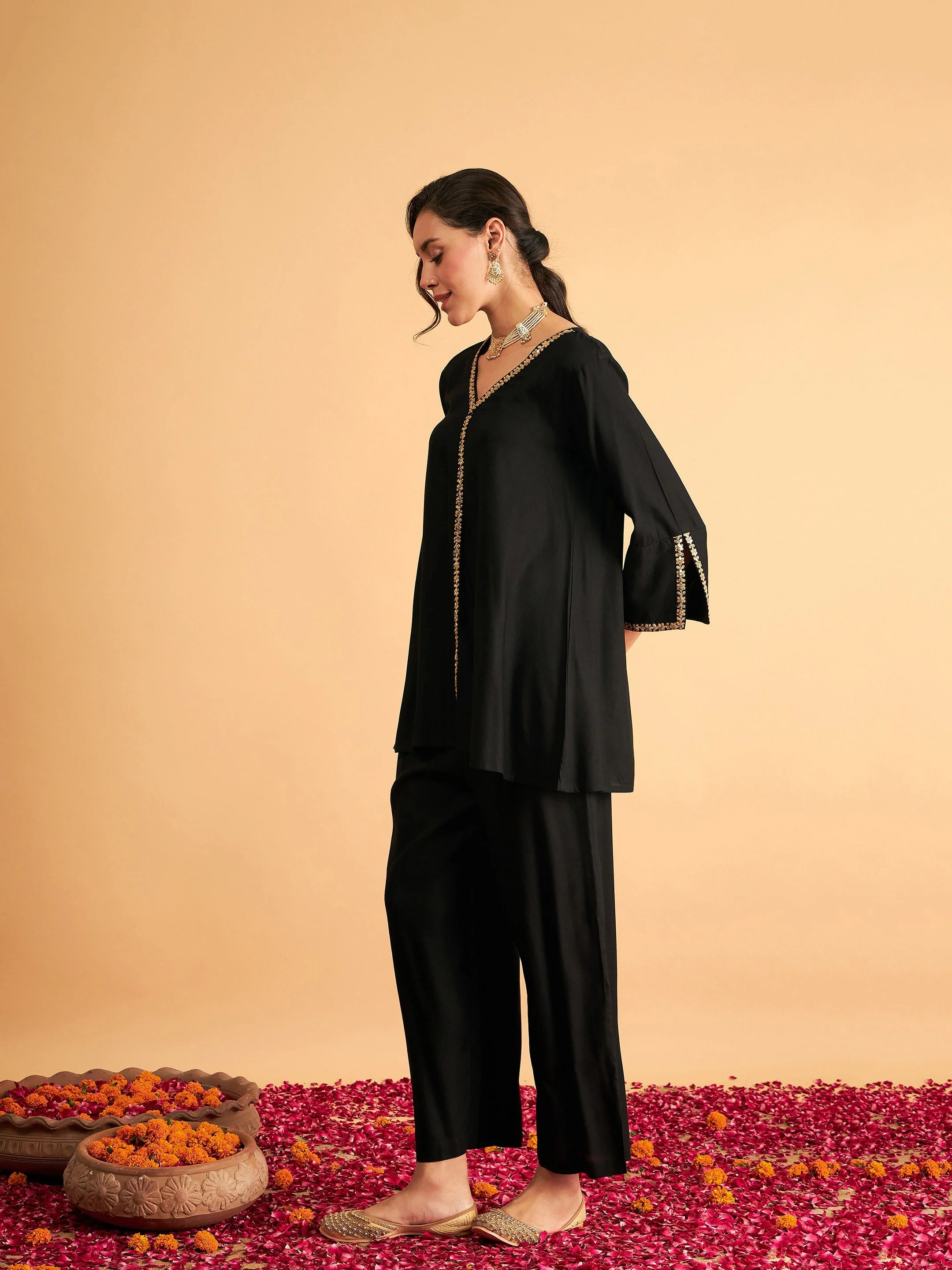 Women Black Embroidered A Line Top With Straight Pants - Image 3