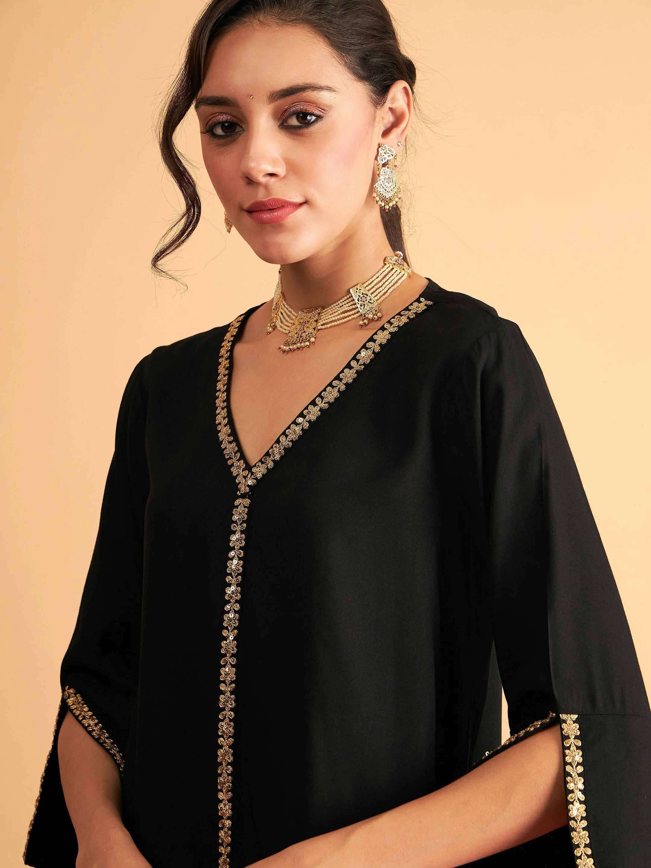 Women Black Embroidered A Line Top With Straight Pants - Image 4
