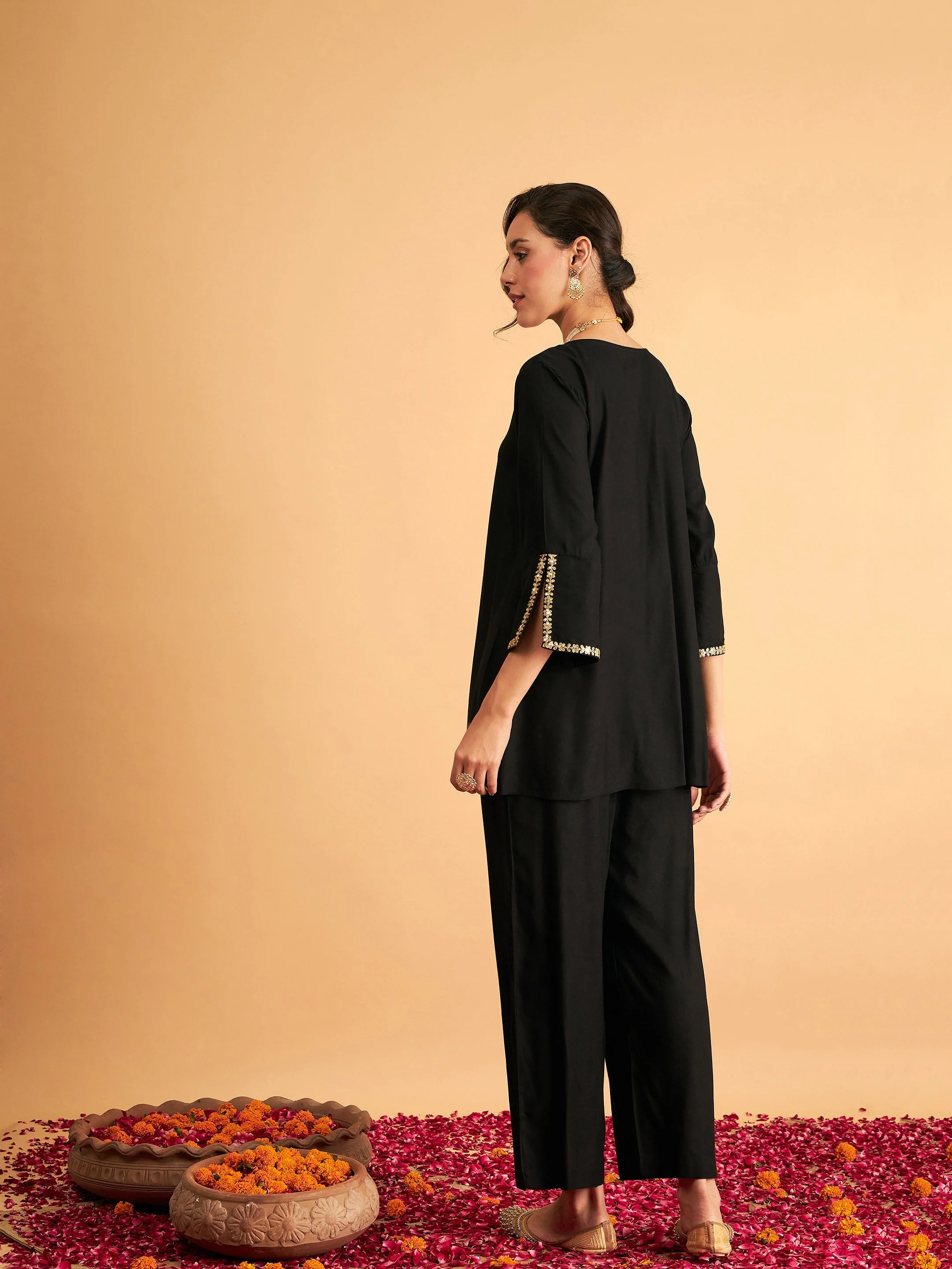 Women Black Embroidered A Line Top With Straight Pants - Image 6
