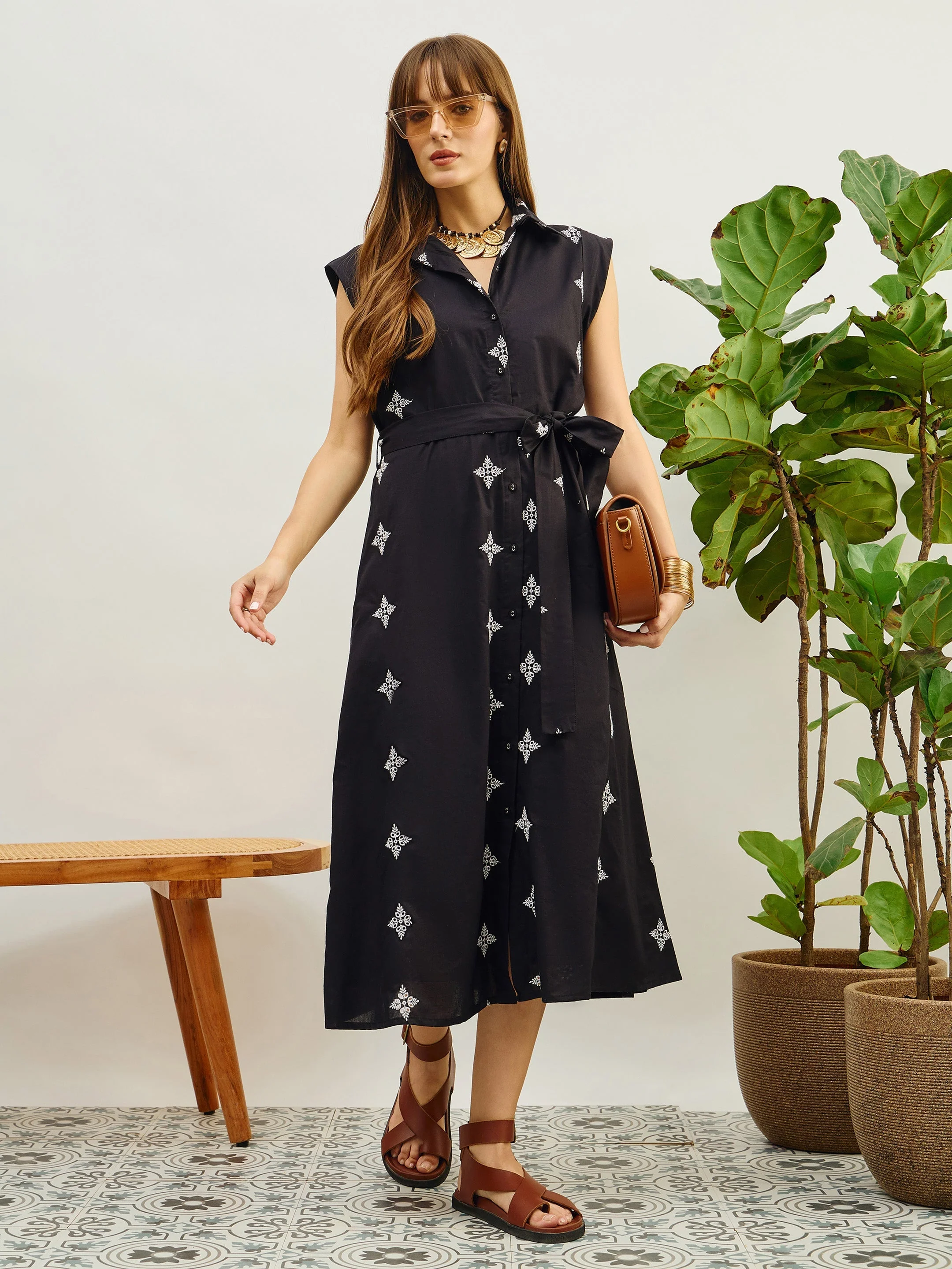 Women Black Embroidered Button Down Midi Dress - Image 2