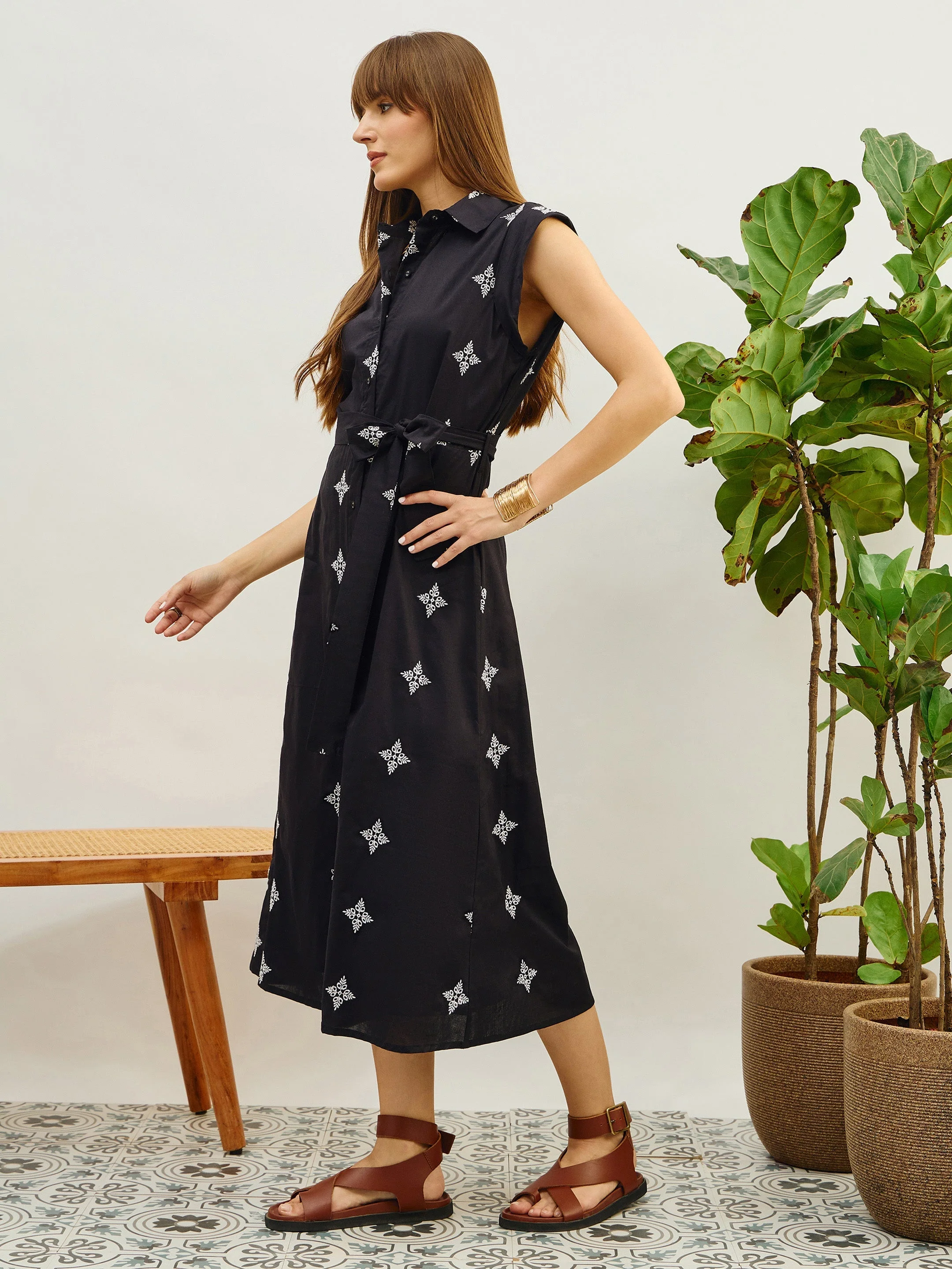 Women Black Embroidered Button Down Midi Dress - Image 3