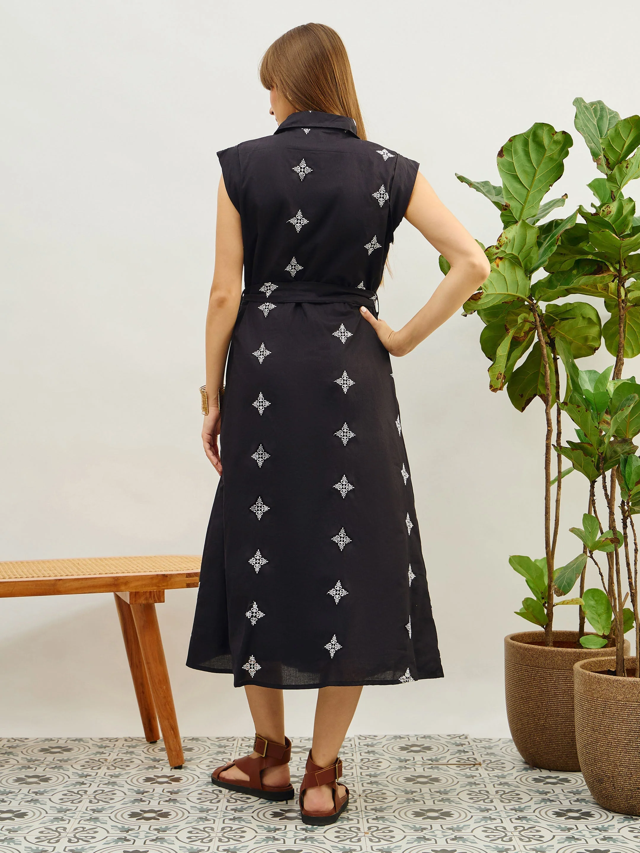 Women Black Embroidered Button Down Midi Dress - Image 5