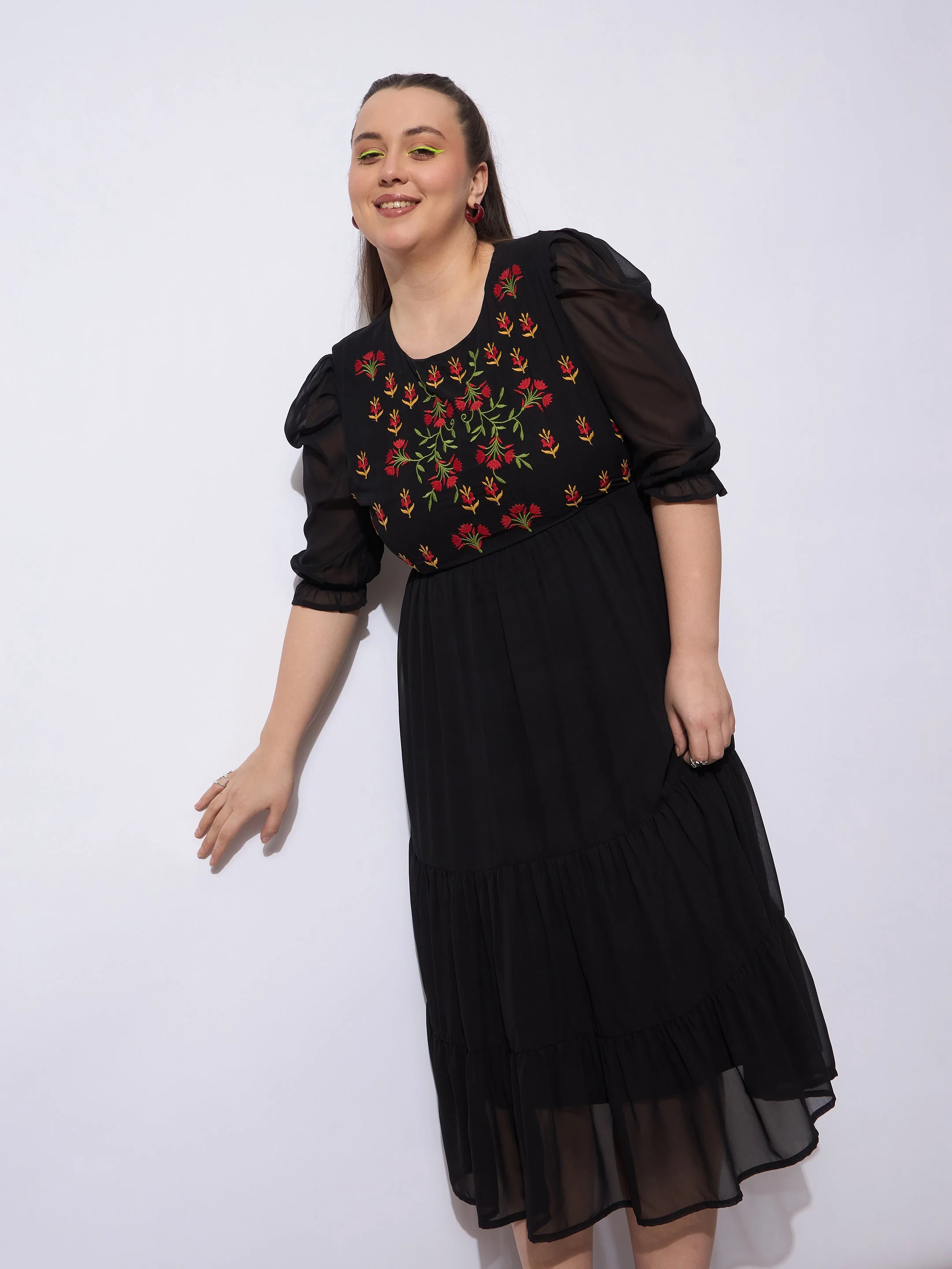 Women Black Embroidered Georgette Tiered Midi Dress - Image 2