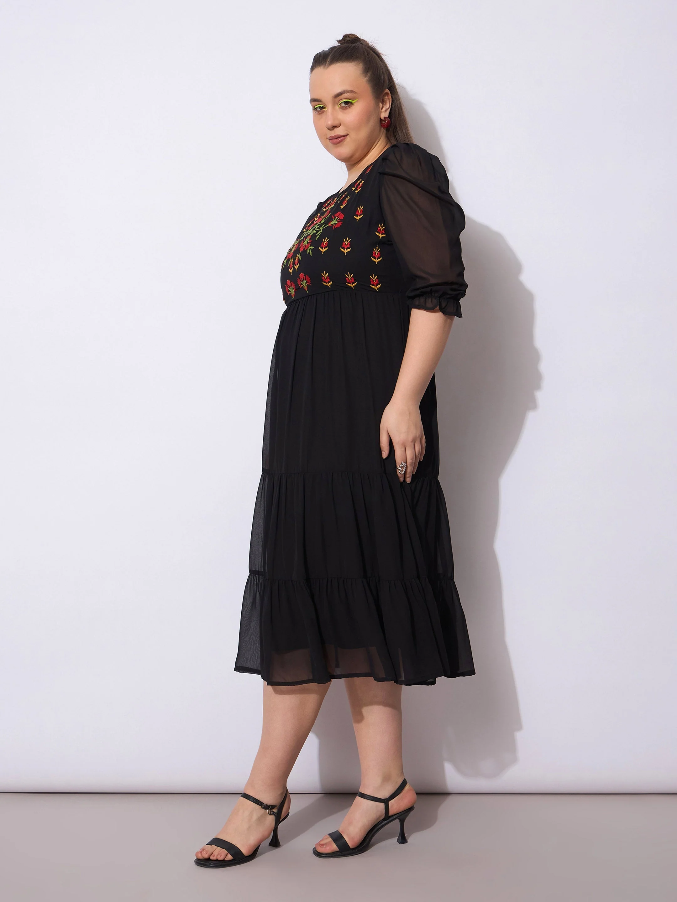 Women Black Embroidered Georgette Tiered Midi Dress - Image 3
