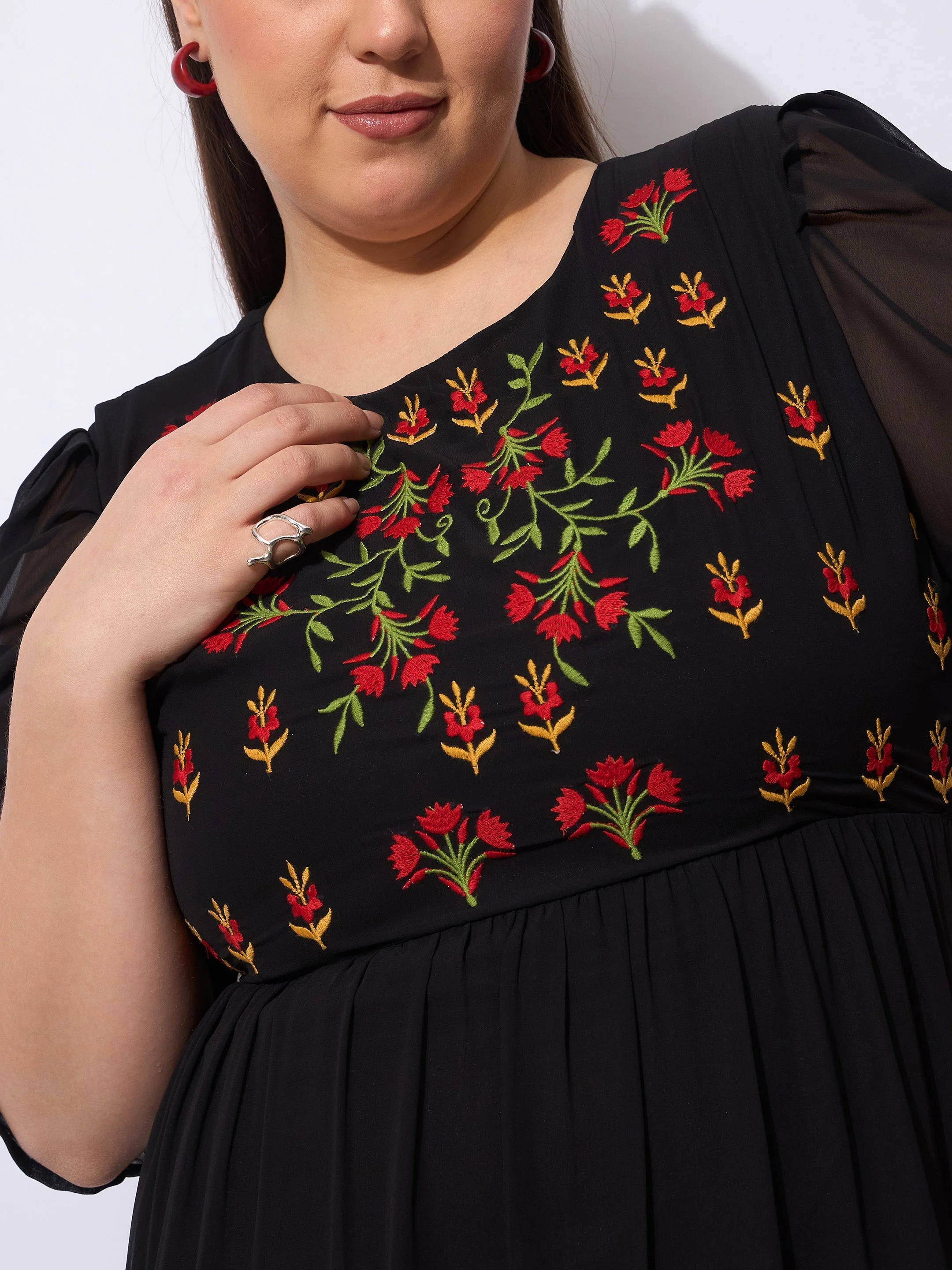 Women Black Embroidered Georgette Tiered Midi Dress - Image 4