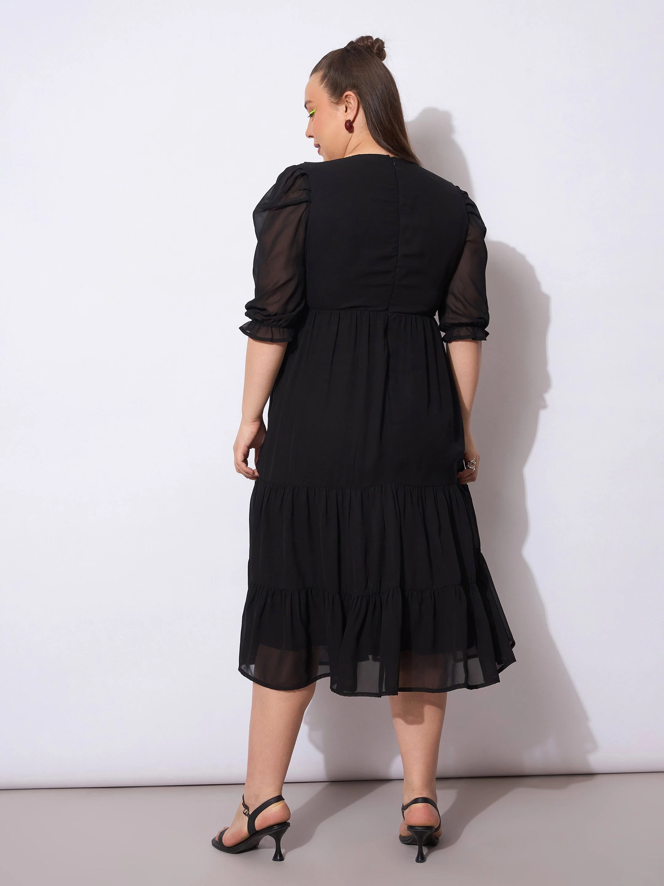 Women Black Embroidered Georgette Tiered Midi Dress - Image 5