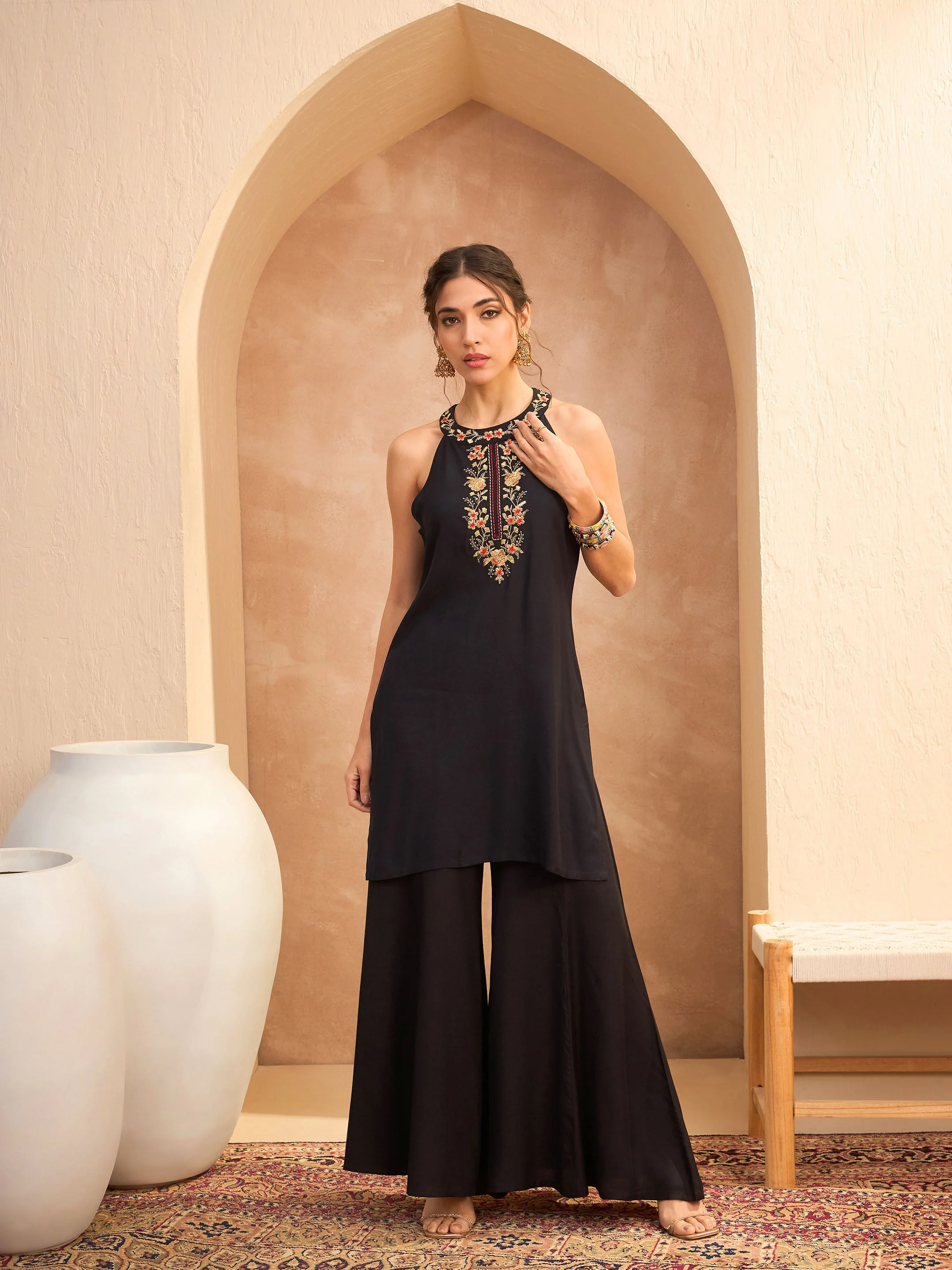 Women Black Embroidered Halter Kurta With Palazzo Pants - Image 2