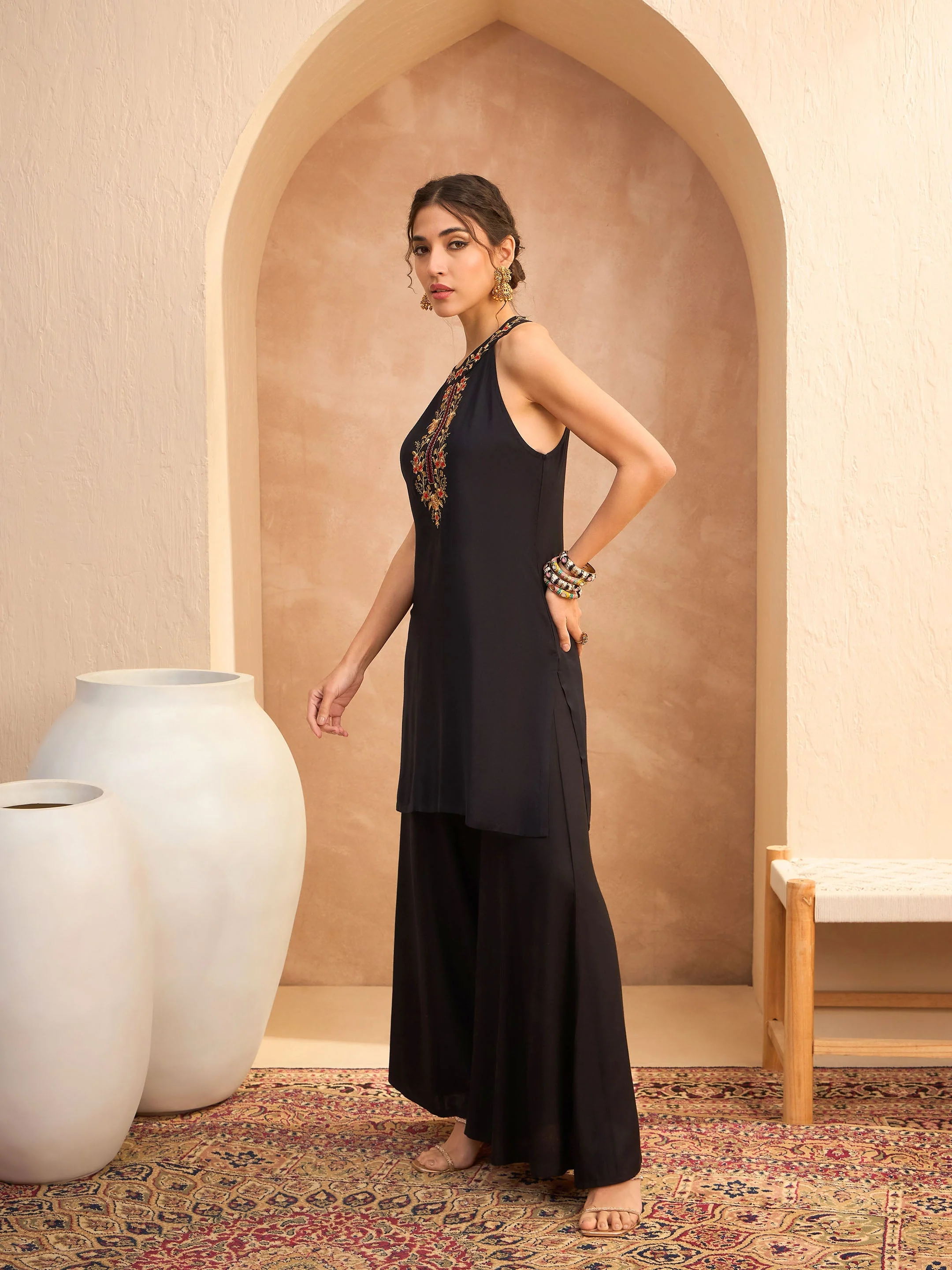 Women Black Embroidered Halter Kurta With Palazzo Pants - Image 3