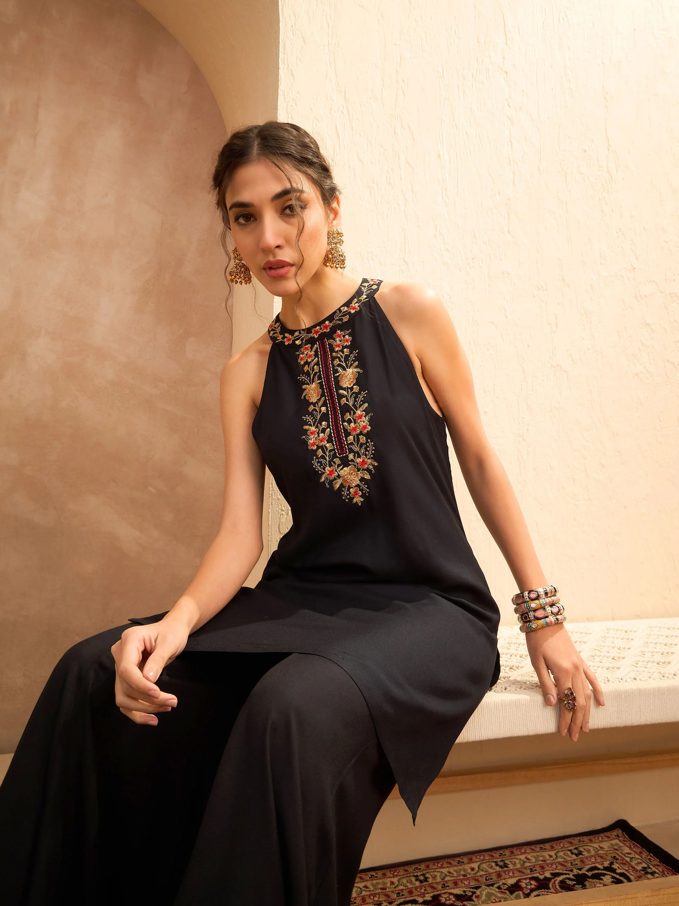 Women Black Embroidered Halter Kurta With Palazzo Pants - Image 5
