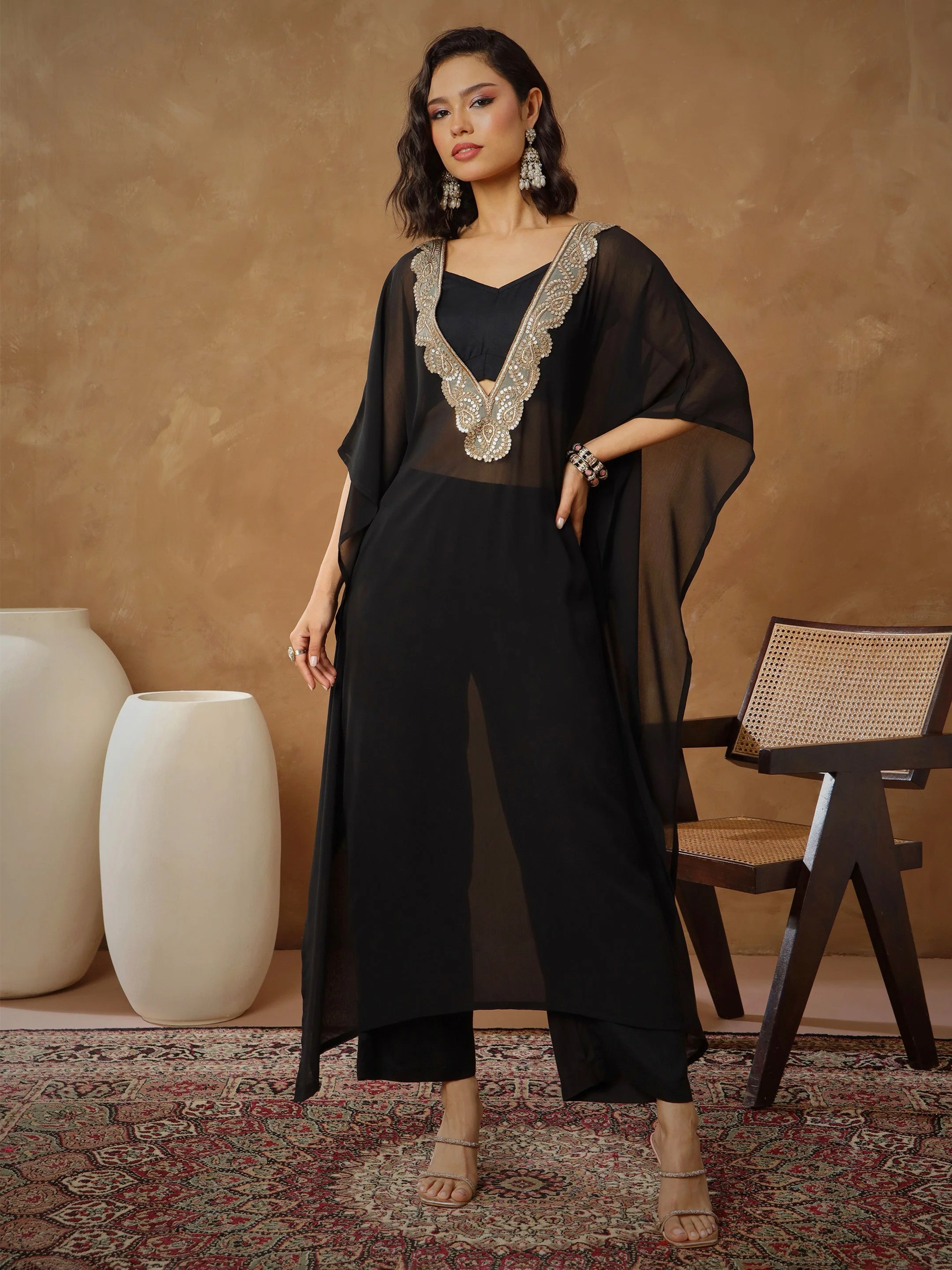 Women Black Embroidered Kaftan With Cami & Straight Pants - Image 2