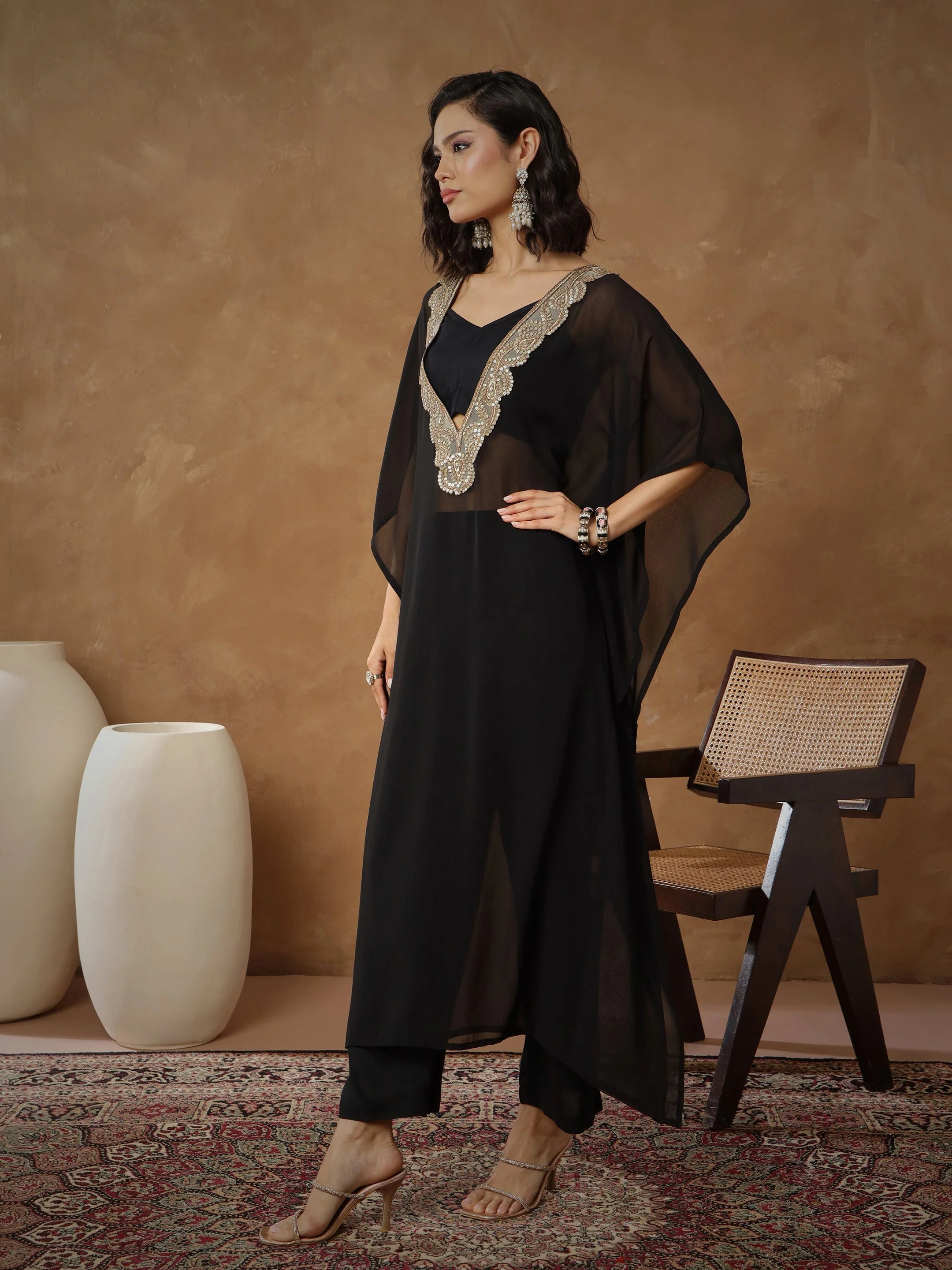 Women Black Embroidered Kaftan With Cami & Straight Pants - Image 3