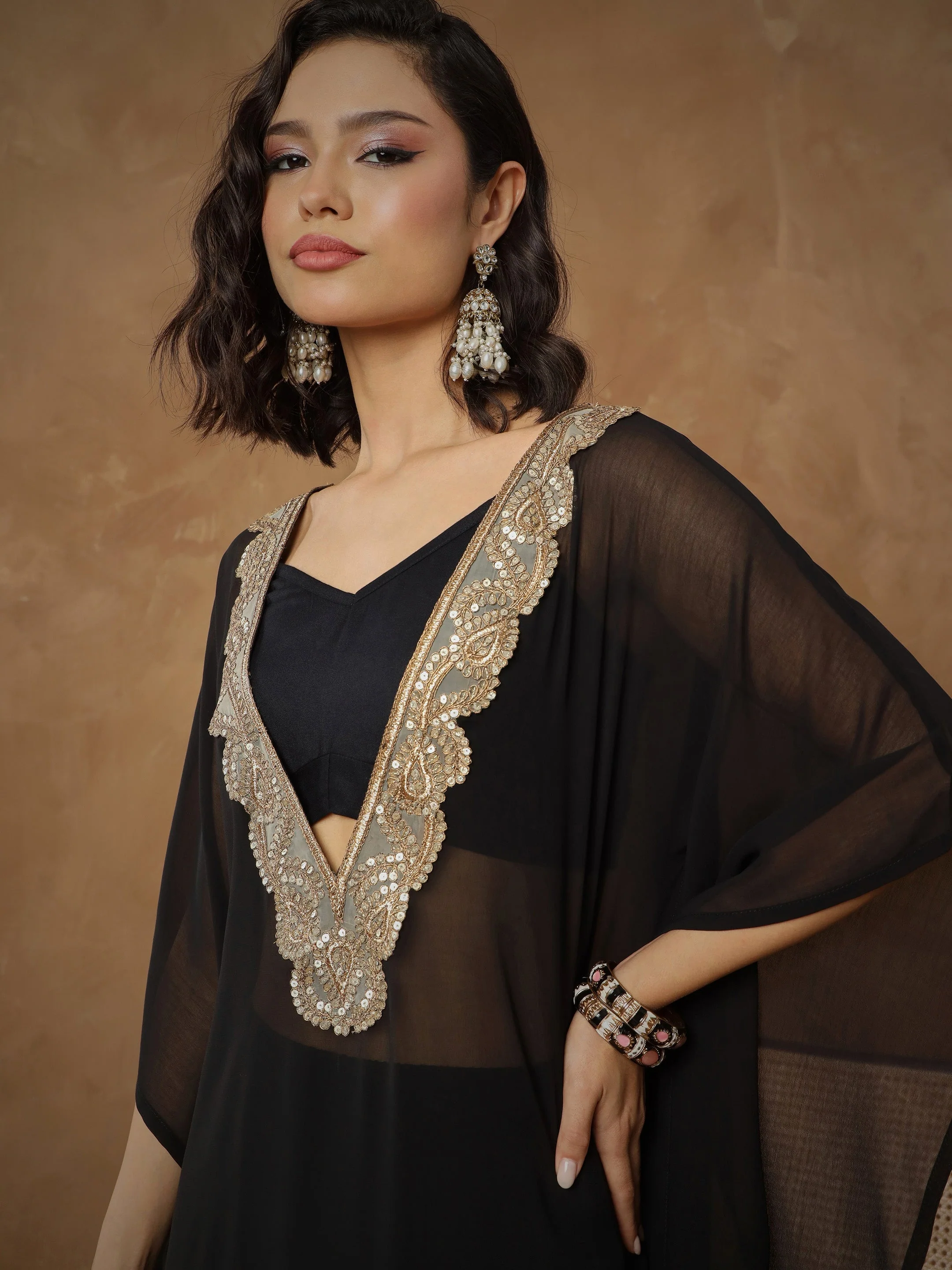 Women Black Embroidered Kaftan With Cami & Straight Pants - Image 4