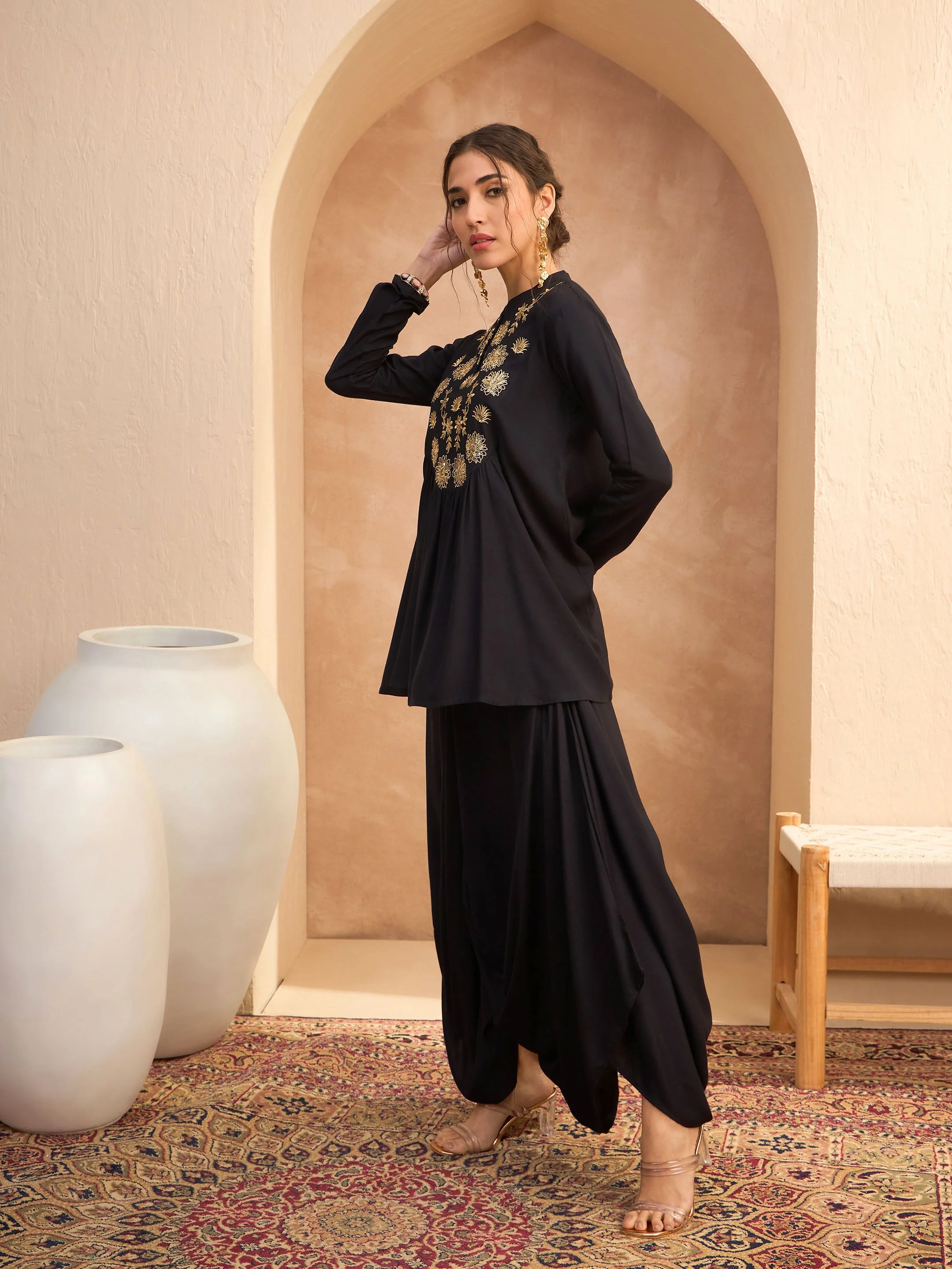 Women Black Embroidered Peplum Top With Dhoti Skirt - Image 3