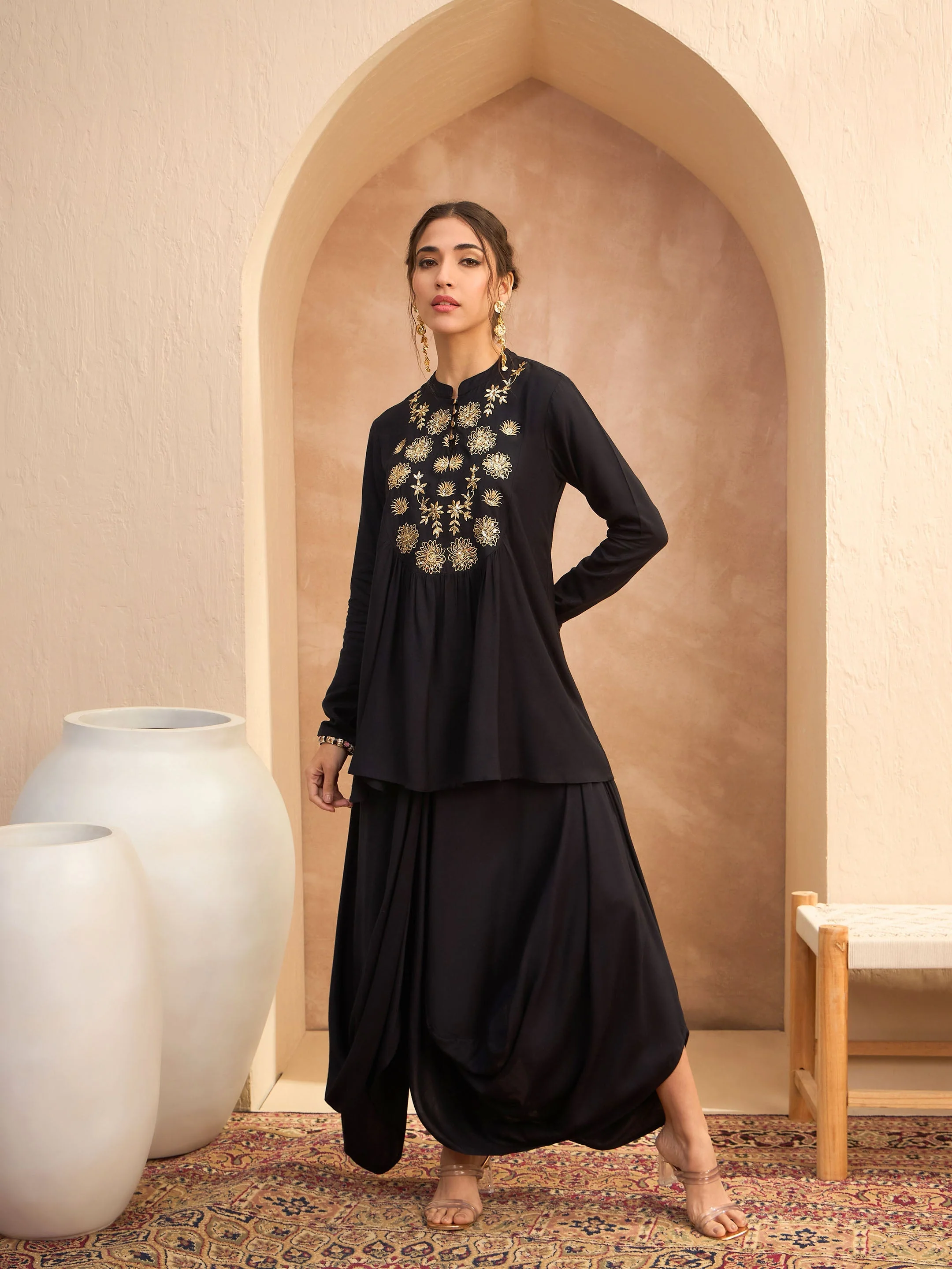 Women Black Embroidered Peplum Top With Dhoti Skirt - Image 5