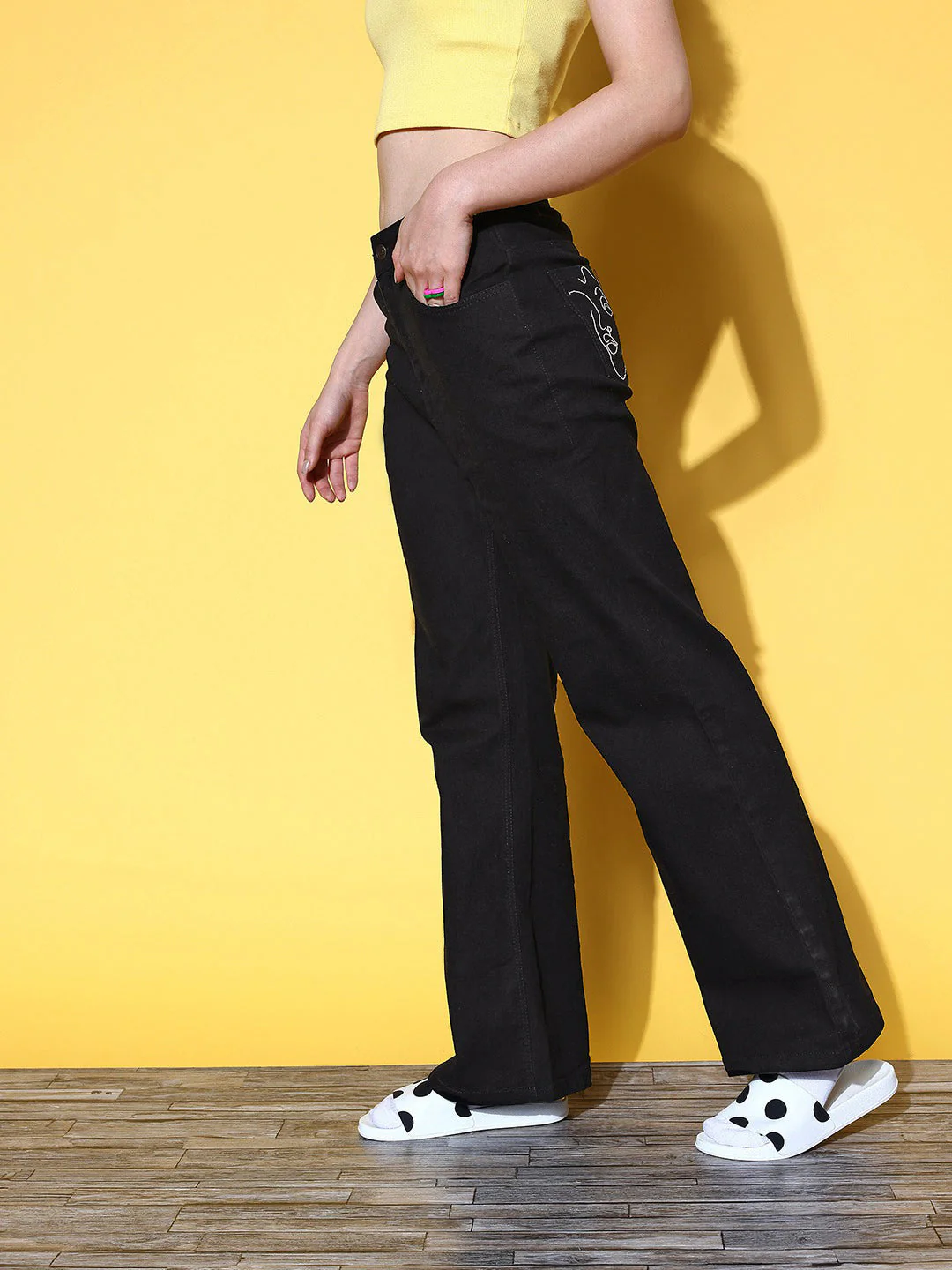 Women Black Embroidered Pocket Bell Bottom Jeans - Image 2