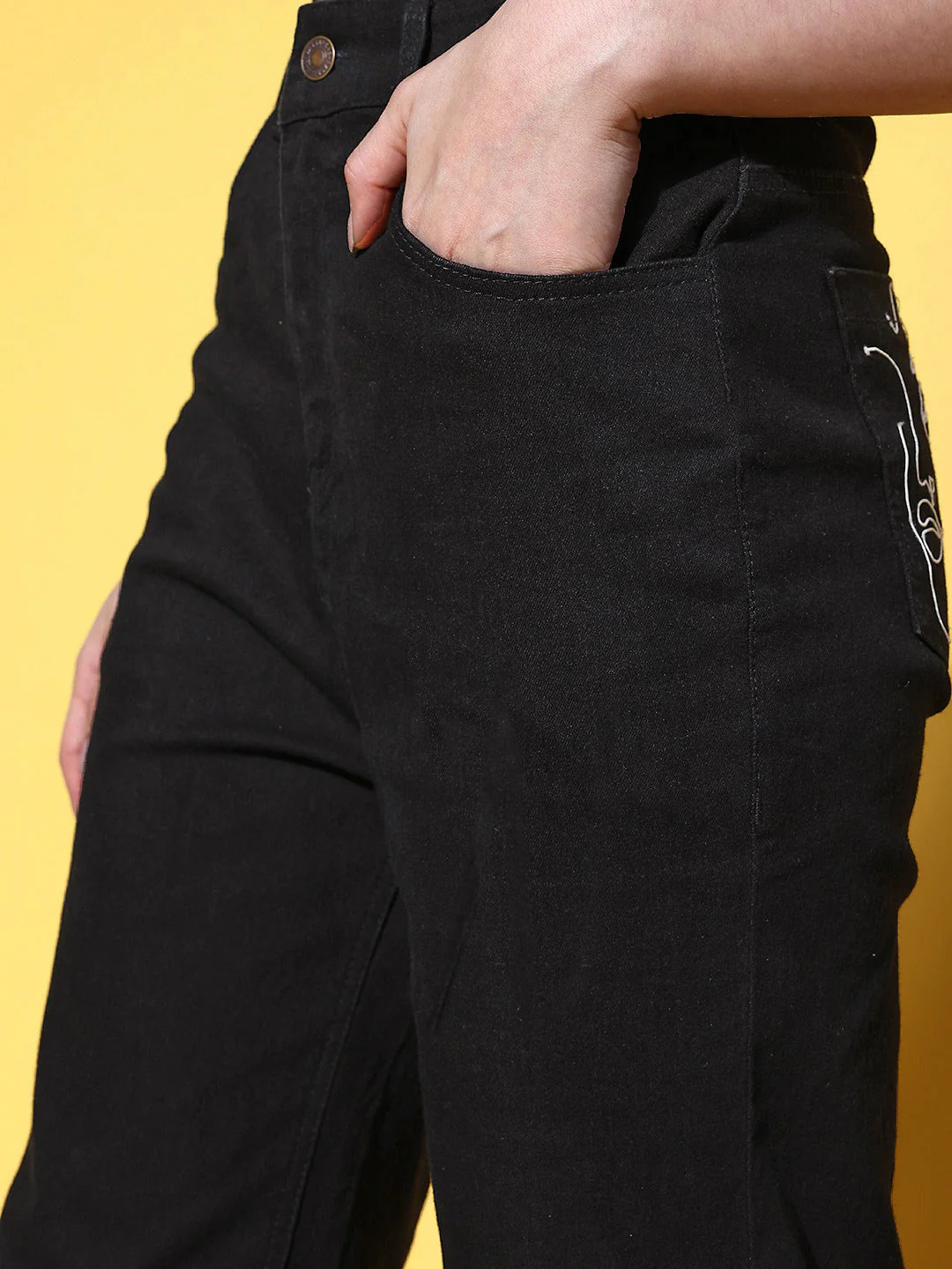Women Black Embroidered Pocket Bell Bottom Jeans - Image 5