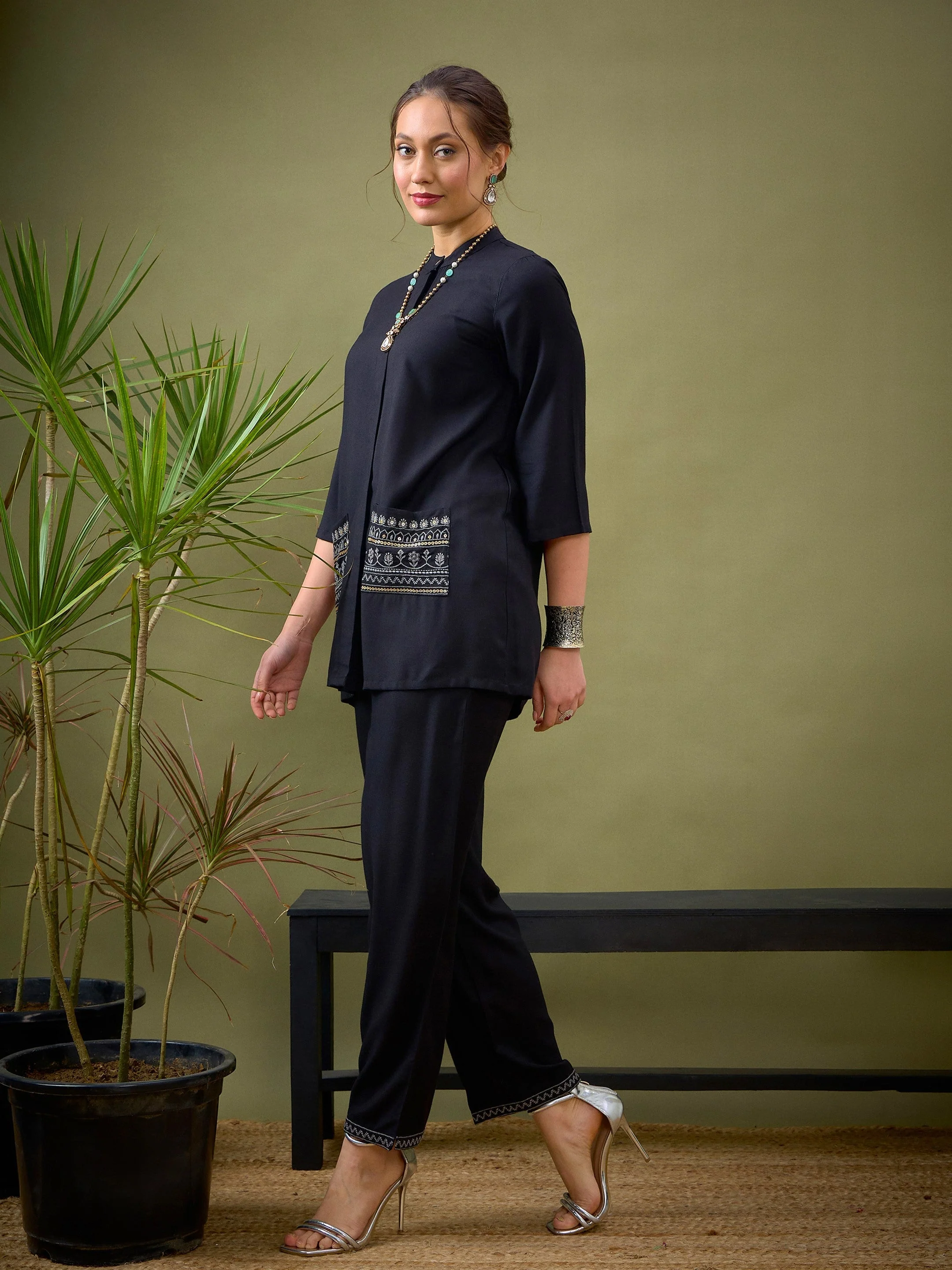 Women Black Embroidered Pocket Shirt With Palazzos - Image 3