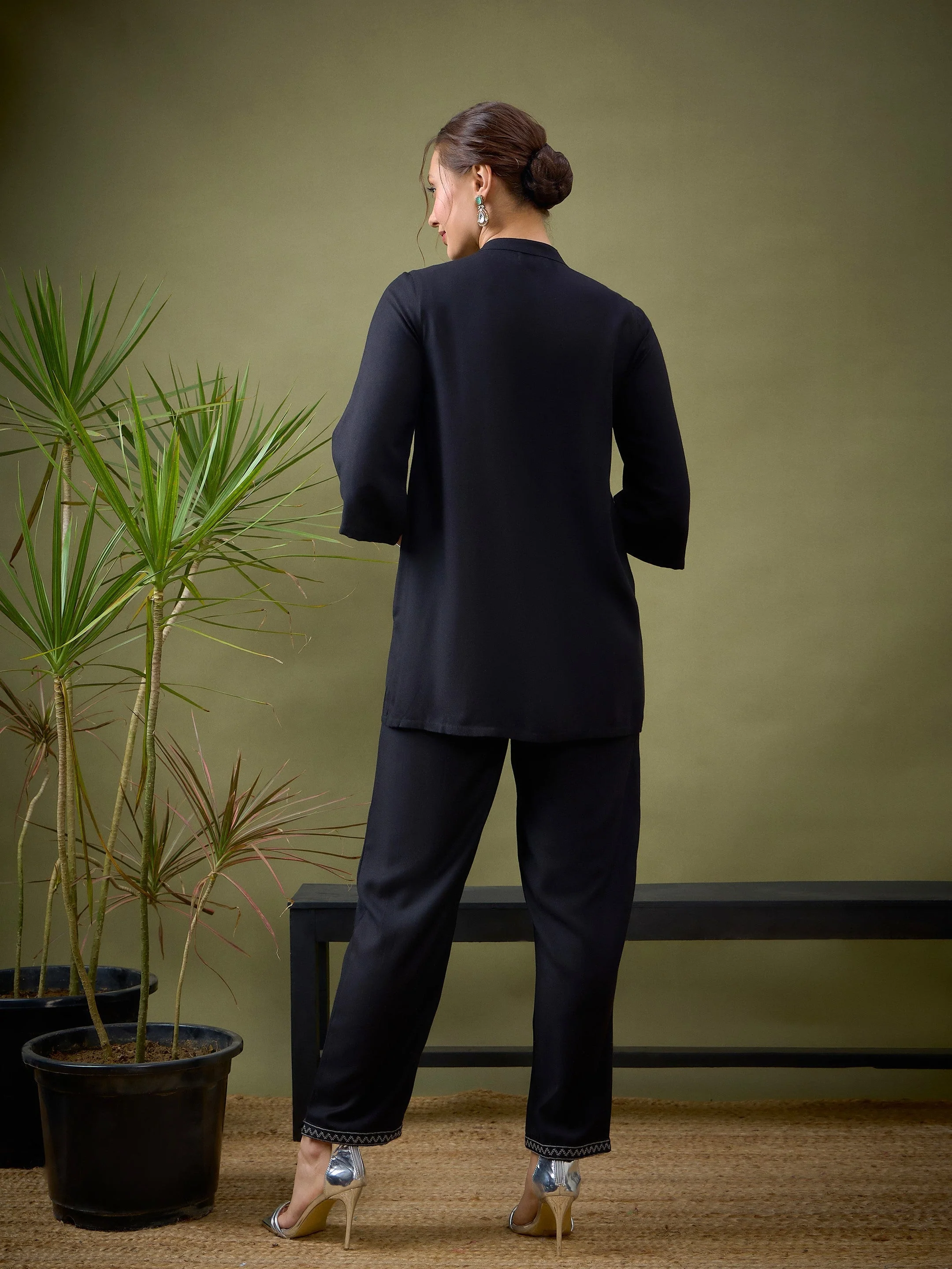 Women Black Embroidered Pocket Shirt With Palazzos - Image 6