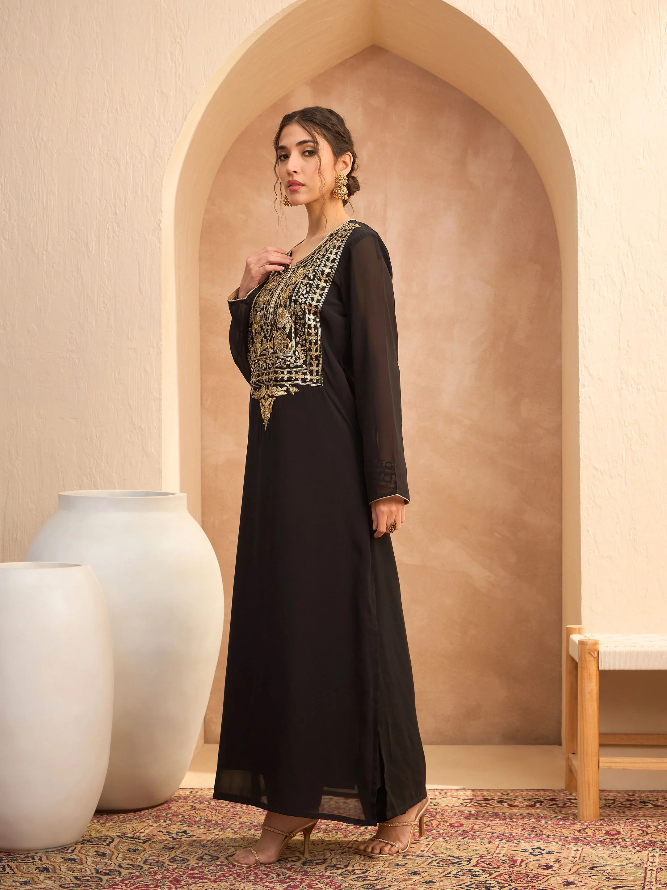 Women Black Embroidered Round Neck Abaya Dress - Image 3