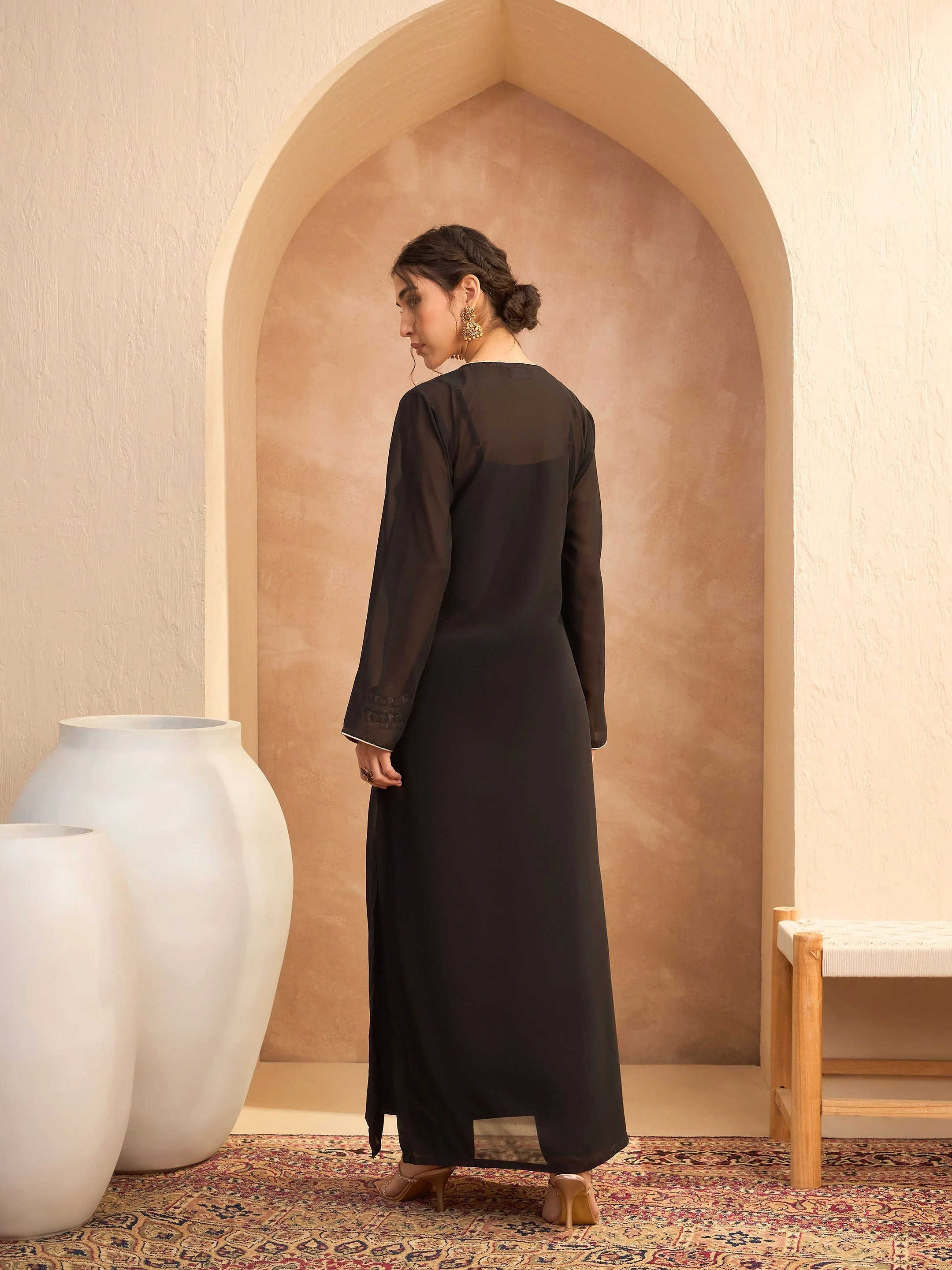 Women Black Embroidered Round Neck Abaya Dress - Image 5