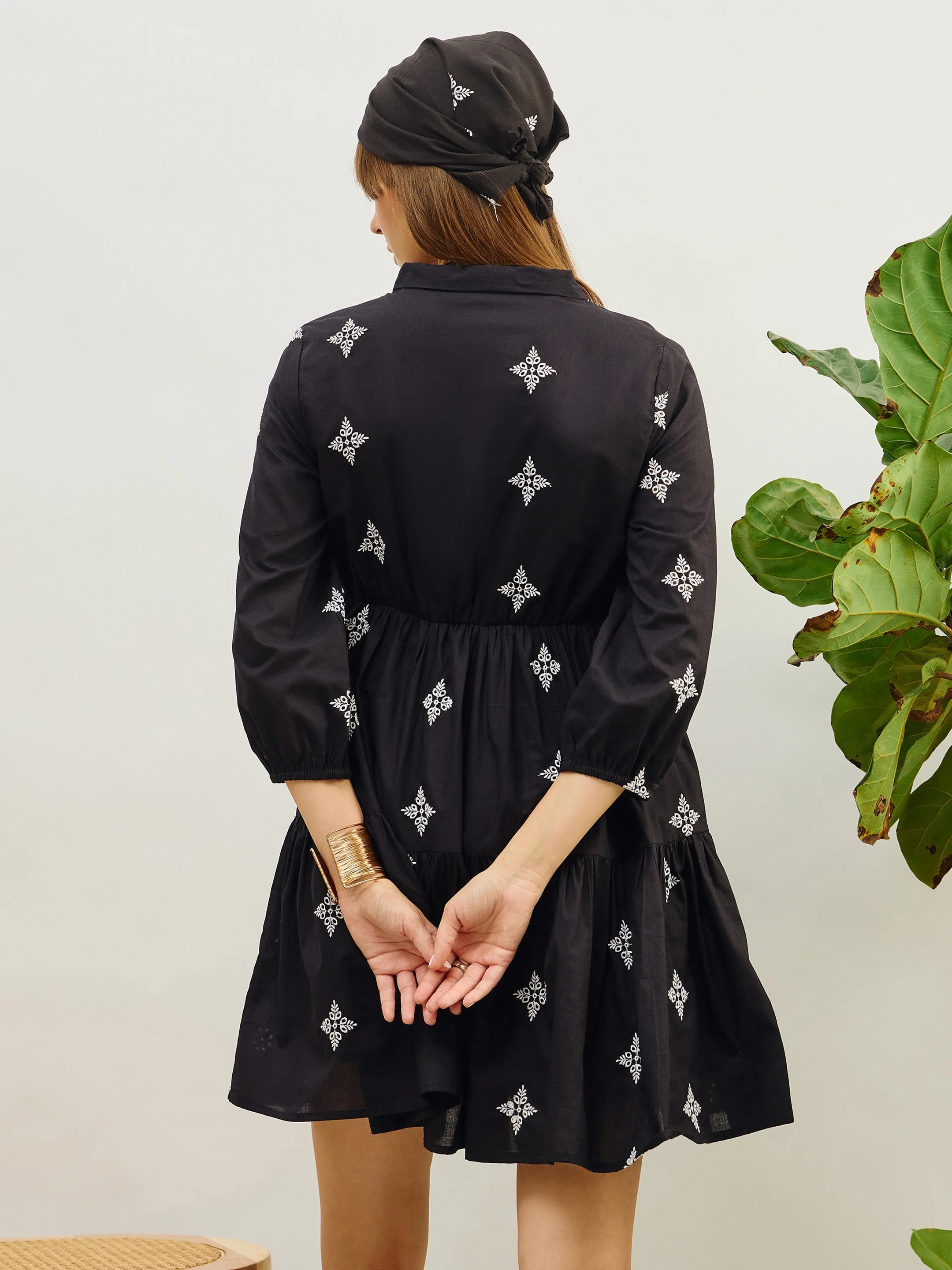 Women Black Embroidered Shawl Collar Tiered Dress - Image 2
