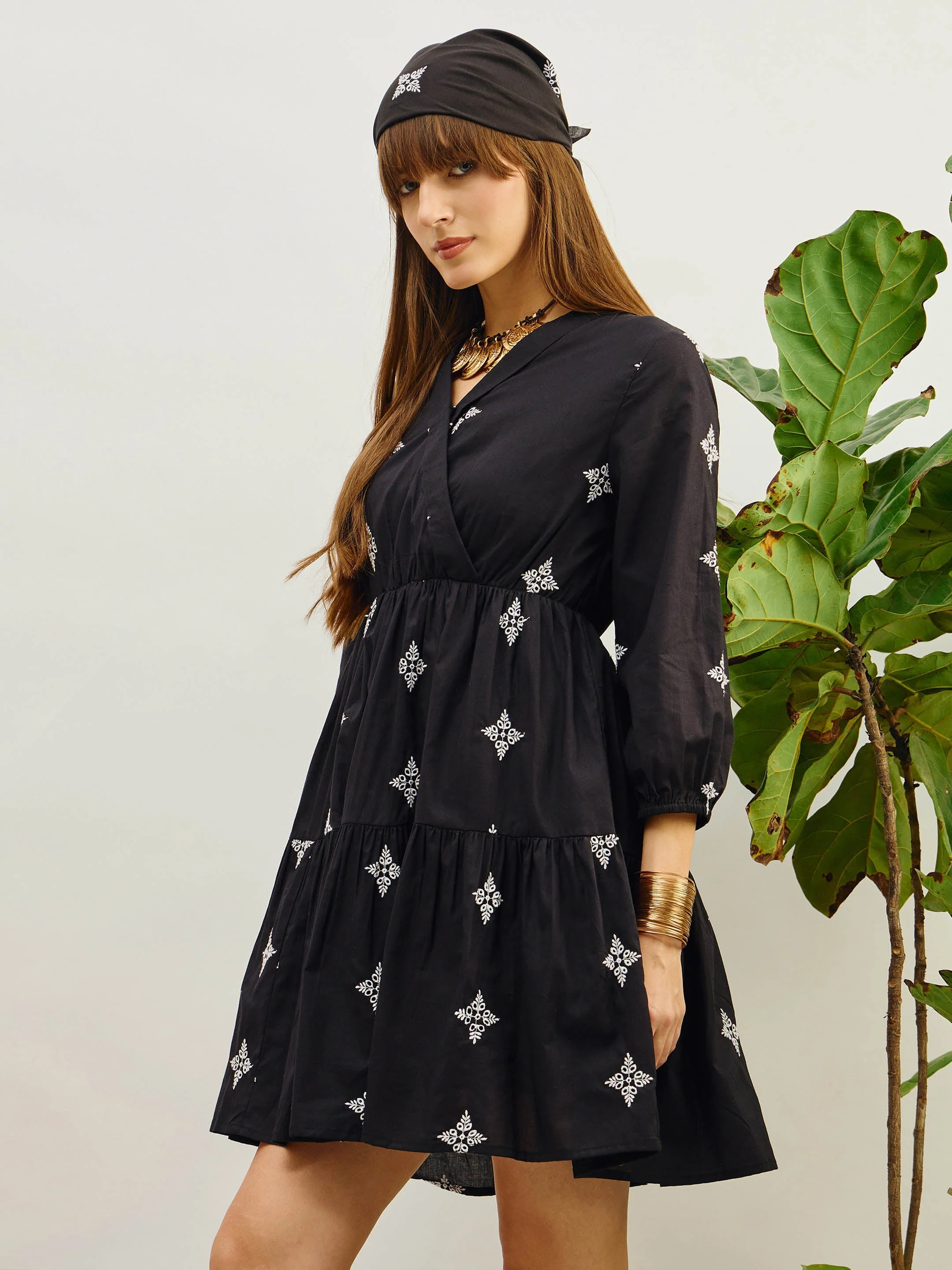 Women Black Embroidered Shawl Collar Tiered Dress - Image 4