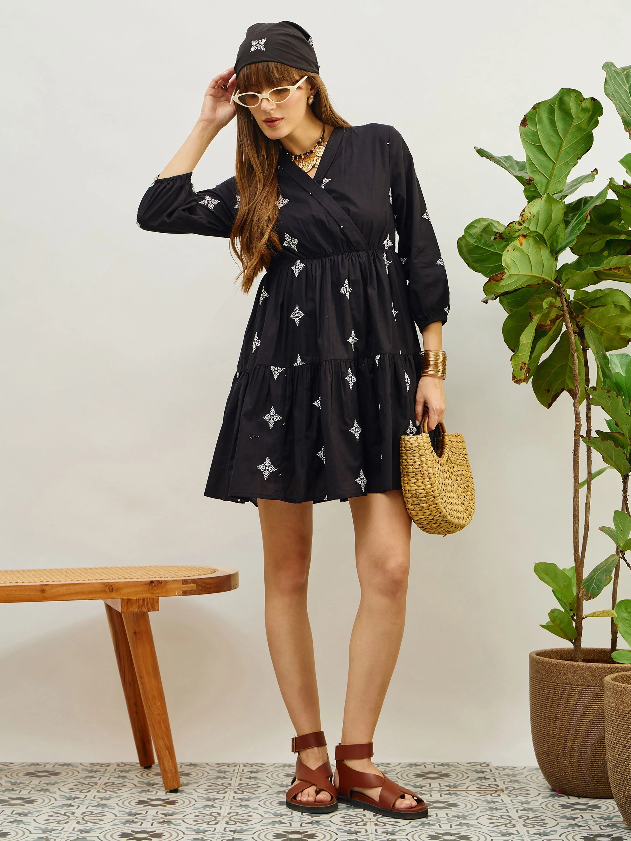 Women Black Embroidered Shawl Collar Tiered Dress - Image 5